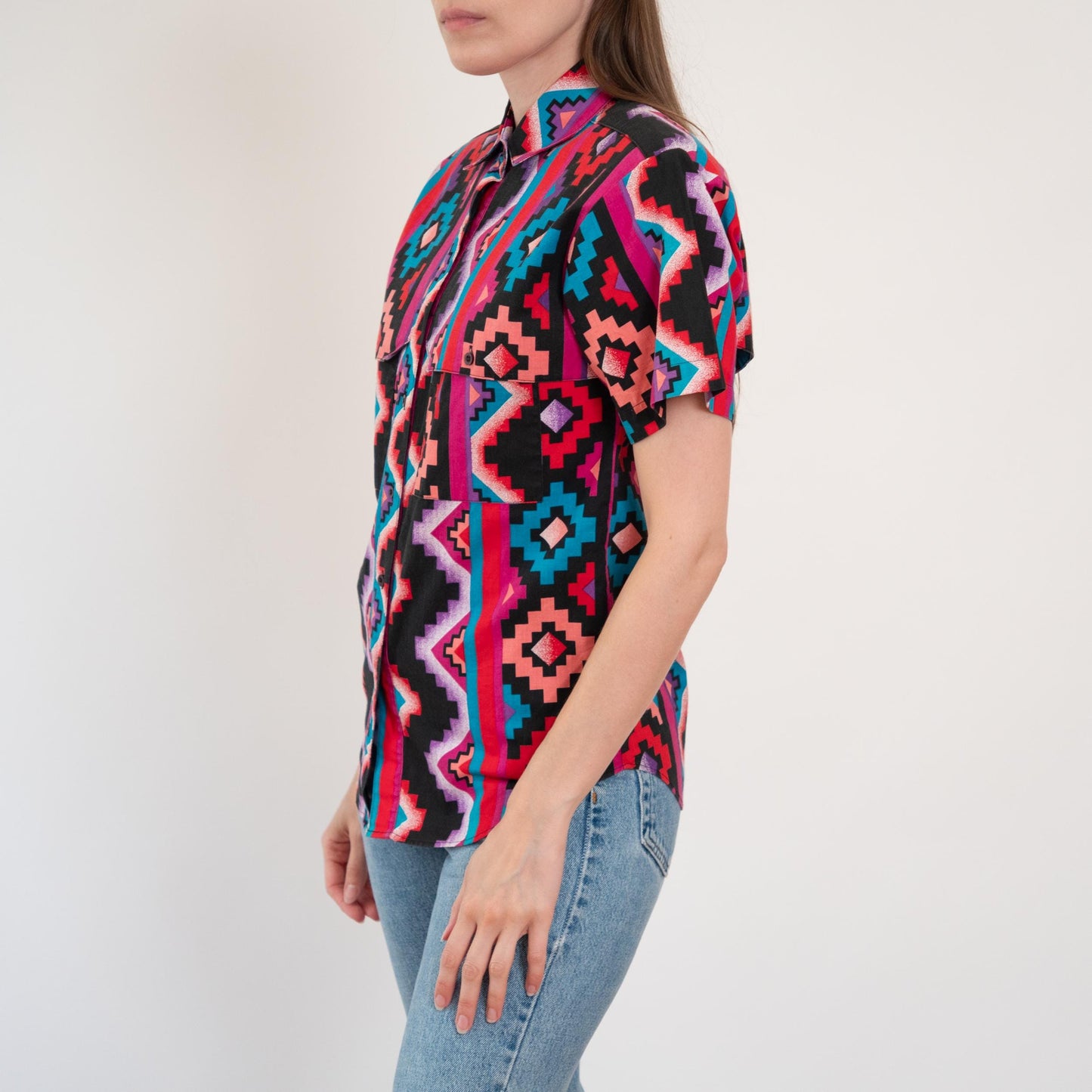 Vintage 90s Wrangler Brushpopper Women's Western Shirt - Small | Pink Black Southwestern Aztec Print Short Sleeve Top