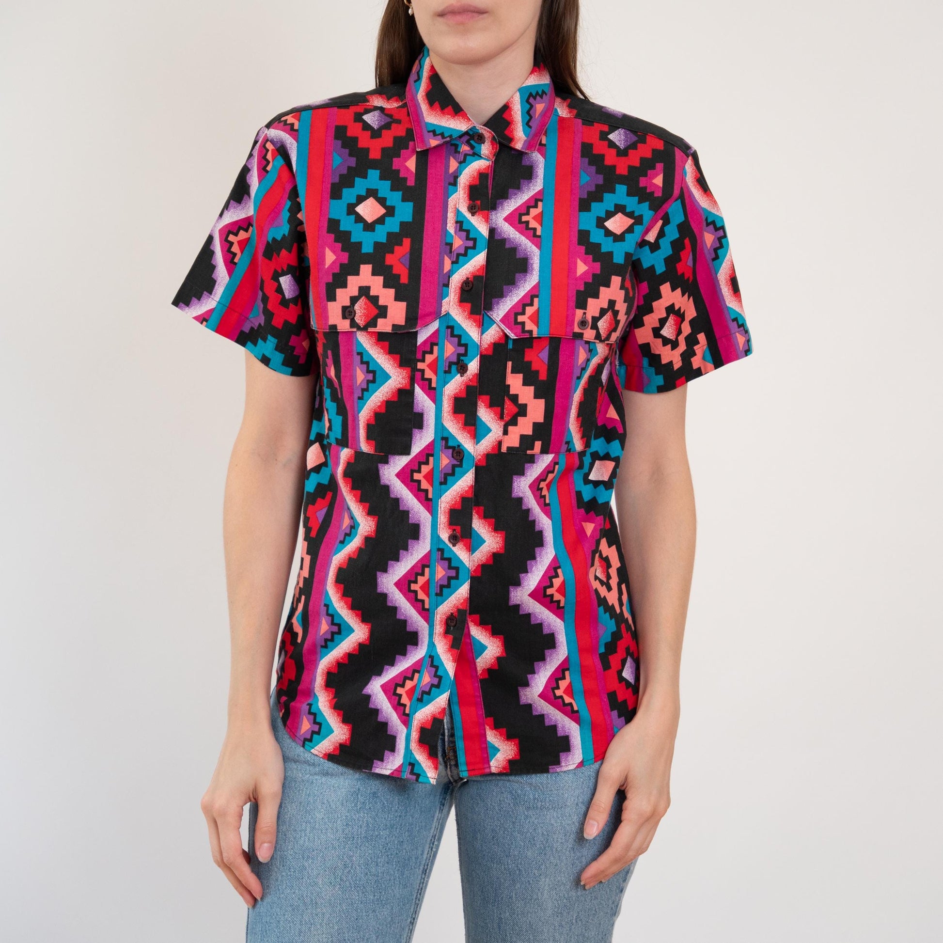 Vintage 90s Wrangler Brushpopper Women's Western Shirt - Small | Pink Black Southwestern Aztec Print Short Sleeve Top