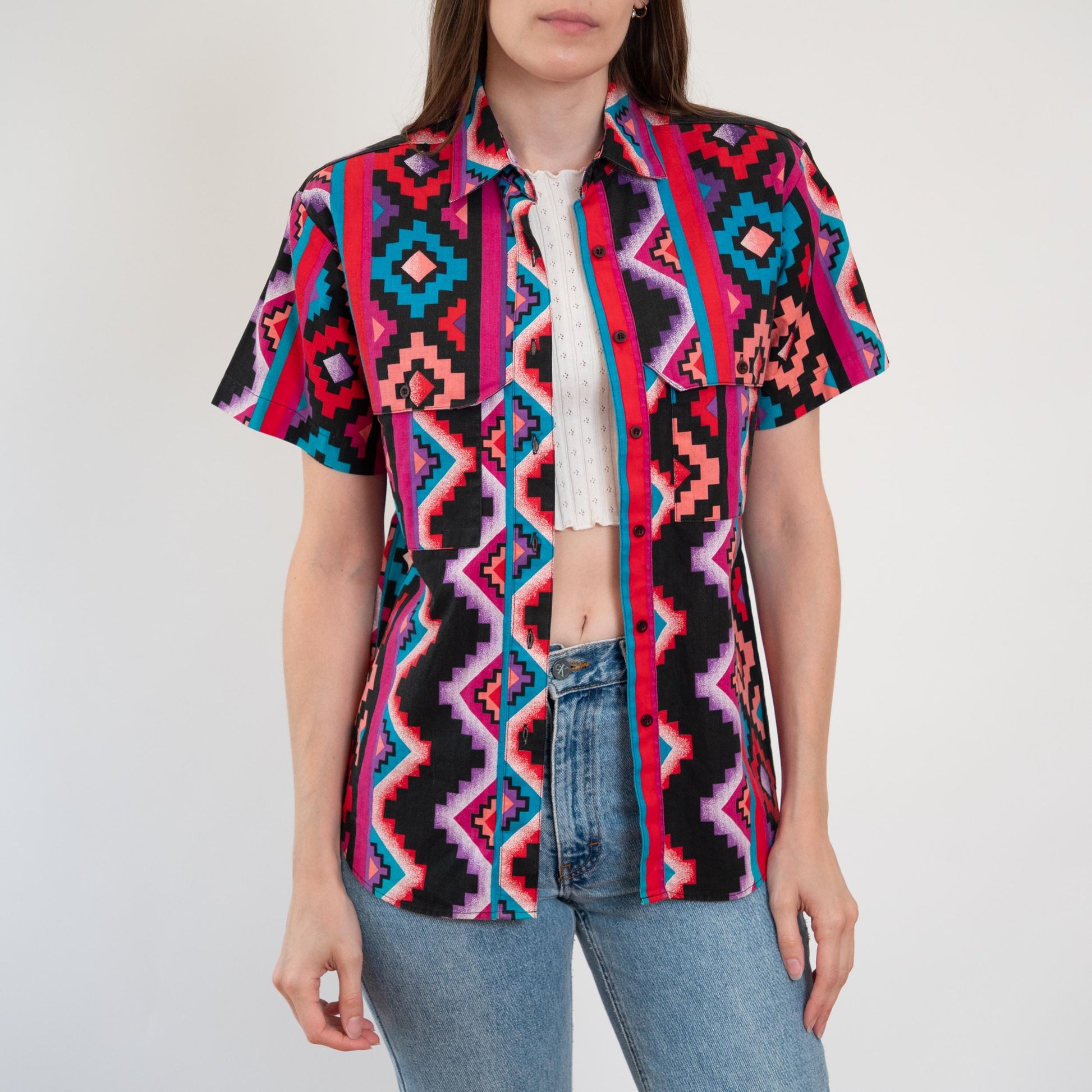 Vintage 90s Wrangler Brushpopper Women's Western Shirt - Small | Pink Black Southwestern Aztec Print Short Sleeve Top