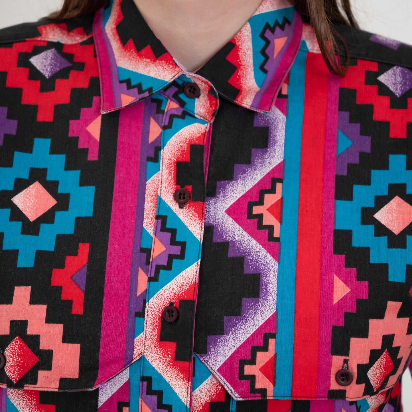 Vintage 90s Wrangler Brushpopper Women's Western Shirt - Small | Pink Black Southwestern Aztec Print Short Sleeve Top