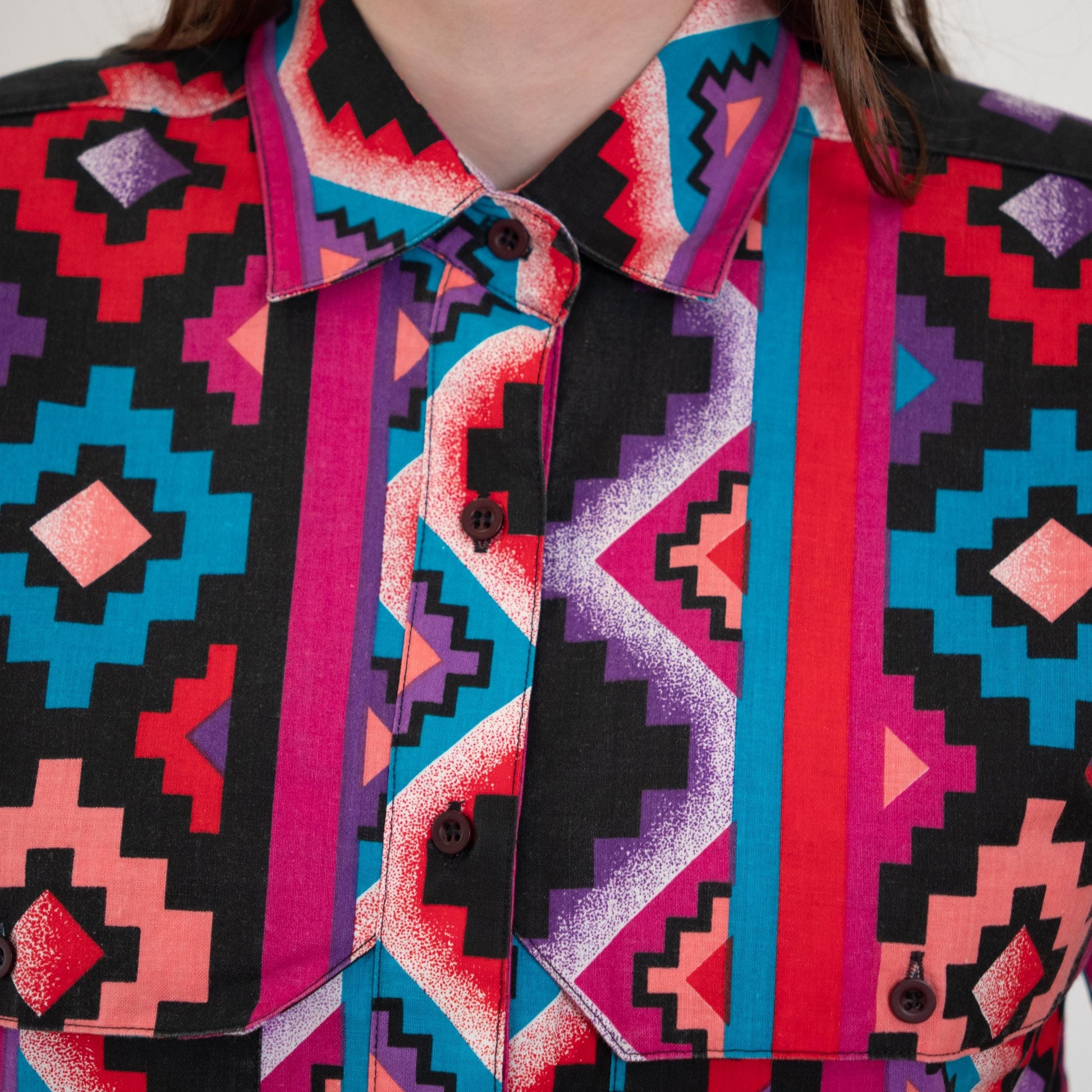 Vintage 90s Wrangler Brushpopper Women's Western Shirt - Small | Pink Black Southwestern Aztec Print Short Sleeve Top