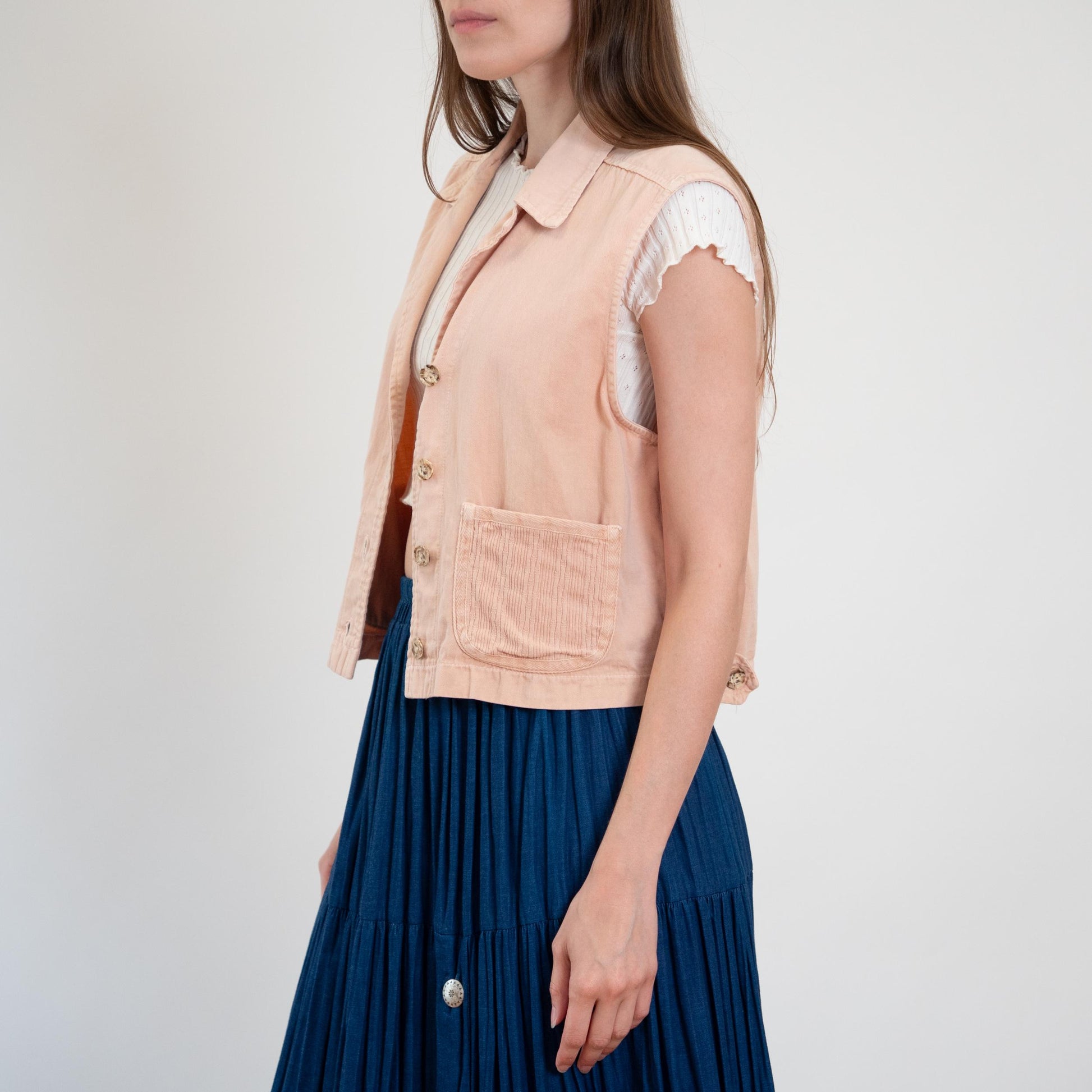 Vintage 90s Peach Pink Cotton Cargo Crop Top - Large | Button Up Sleeveless Collared Vest Shirt