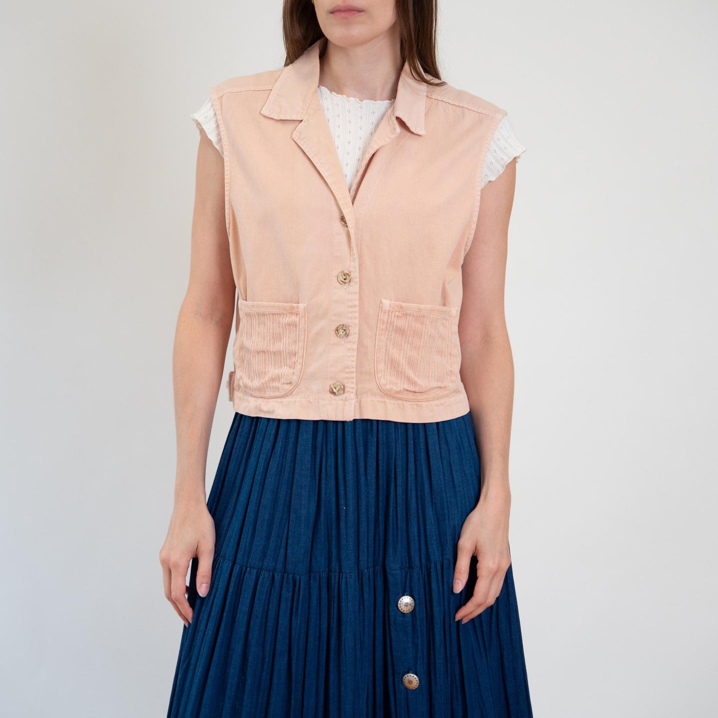 Vintage 90s Peach Pink Cotton Cargo Crop Top - Large | Button Up Sleeveless Collared Vest Shirt