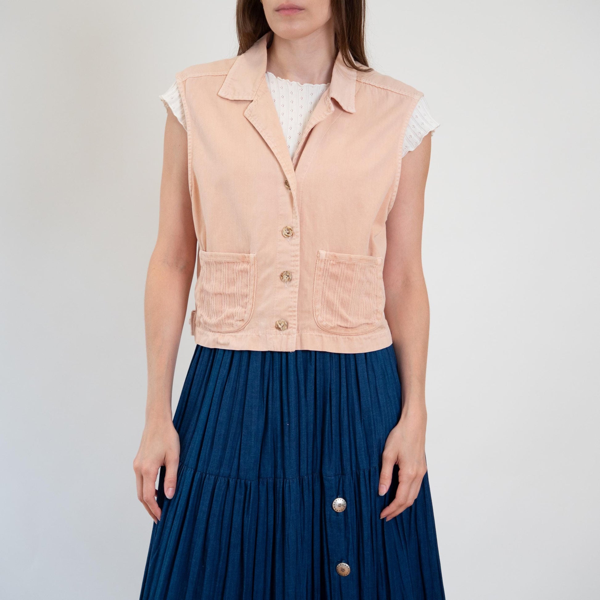 Vintage 90s Peach Pink Cotton Cargo Crop Top - Large | Button Up Sleeveless Collared Vest Shirt