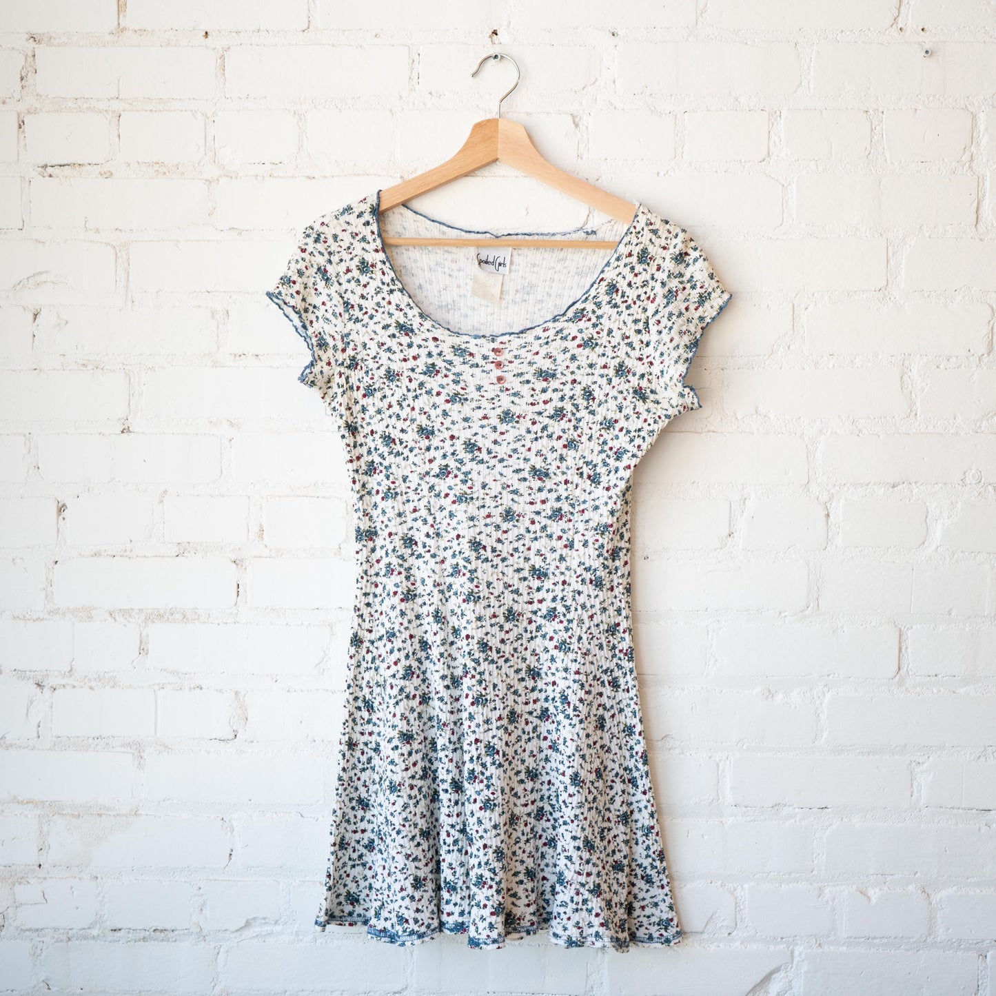 Vintage 90s Calico Floral Babydoll Mini Dress - Small to Medium | Boho White Blue Ribbed Cotton Sundress