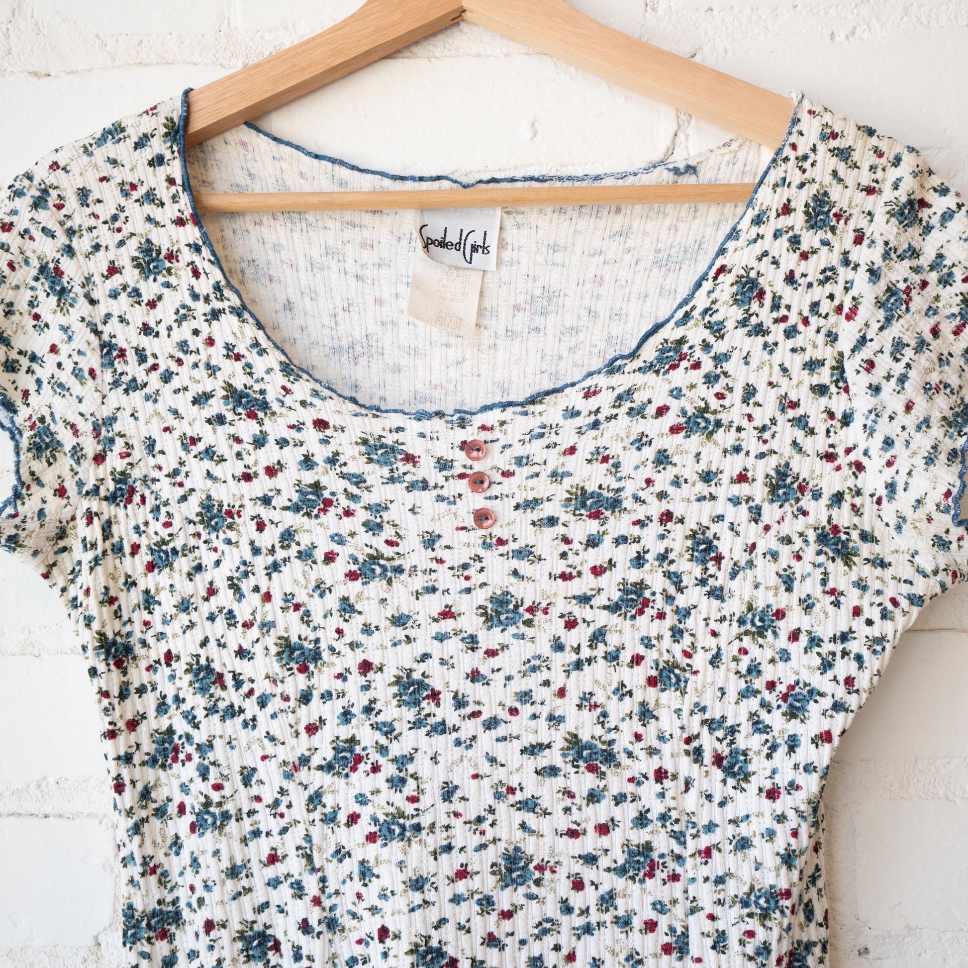 Vintage 90s Calico Floral Babydoll Mini Dress - Small to Medium | Boho White Blue Ribbed Cotton Sundress
