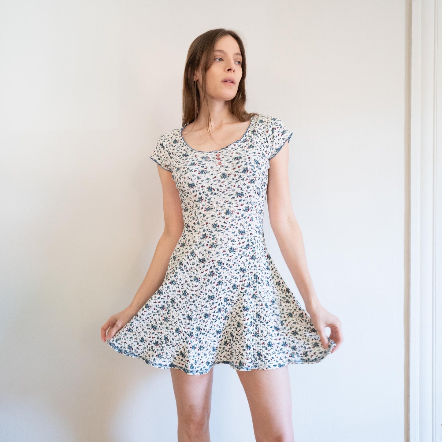 Vintage 90s Calico Floral Babydoll Mini Dress - Small to Medium | Boho White Blue Ribbed Cotton Sundress