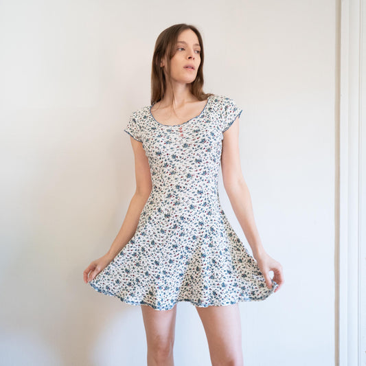 Vintage 90s Calico Floral Babydoll Mini Dress - Small to Medium | Boho White Blue Ribbed Cotton Sundress