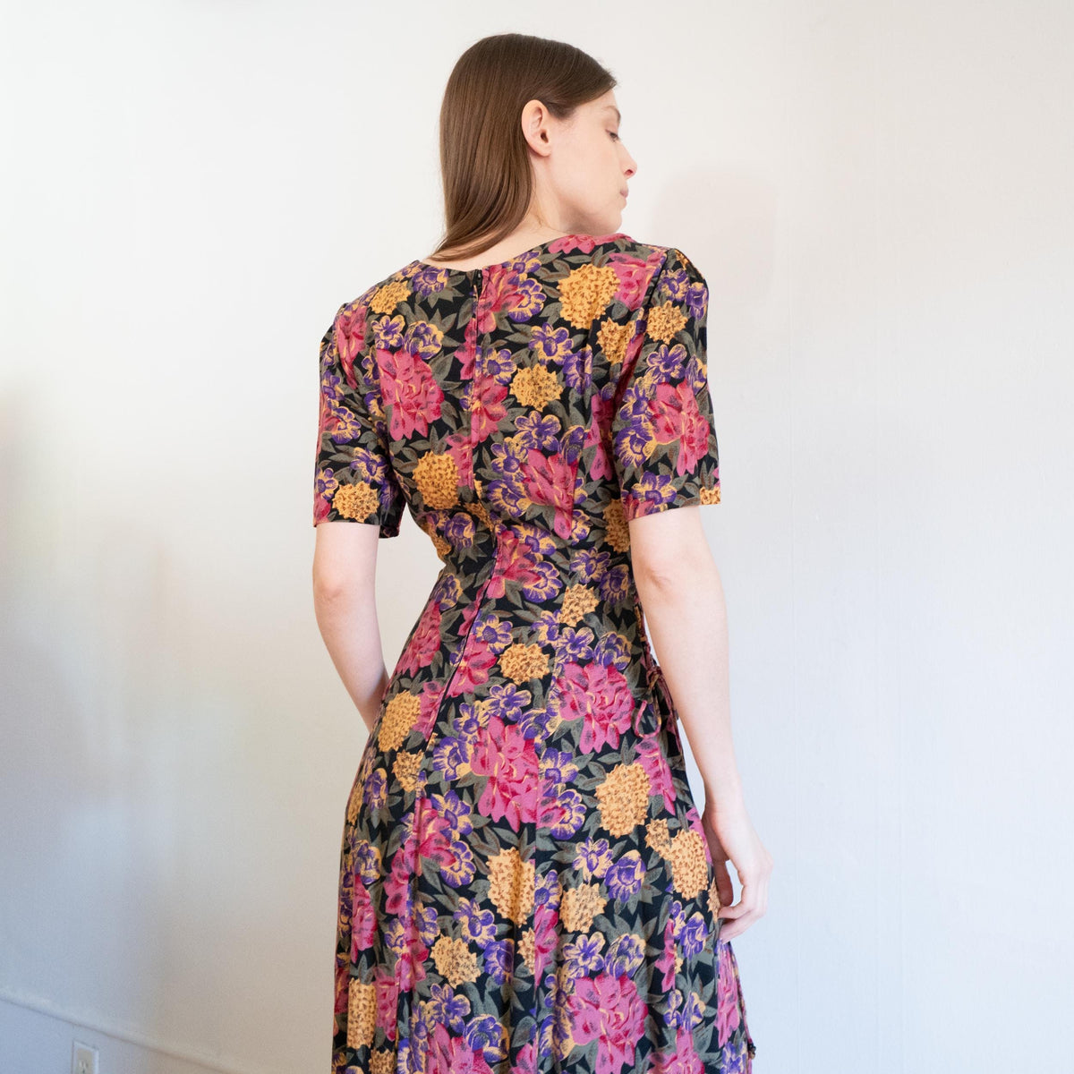 90s flowy dress Vintage Floral Corset Side Cinch Maxi – Medium – Flying Apple Vintage Haldi