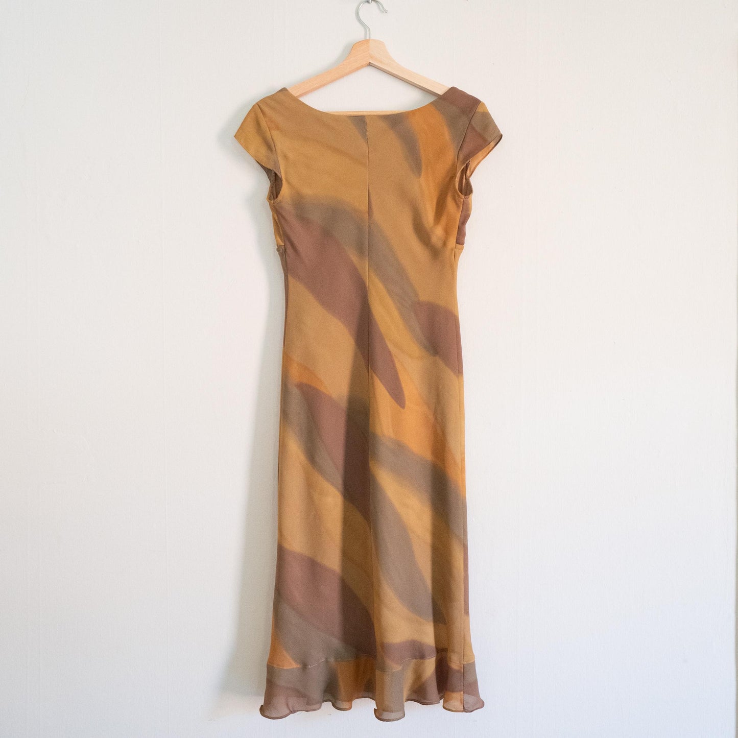 Vintage 90s Marbled Earth Tone Midi Dress - Small | Boho Cap Sleeve Abstract Print Party Dress