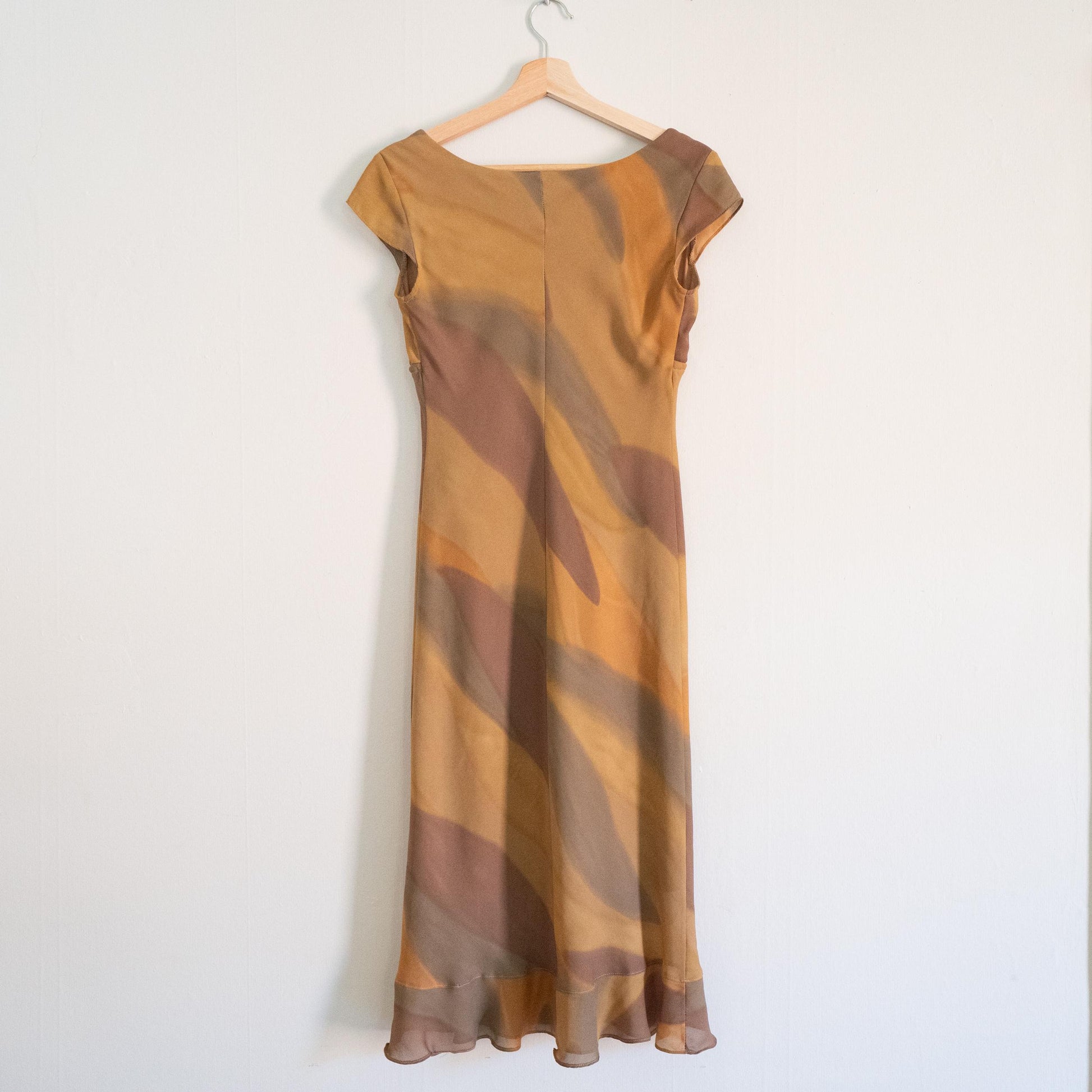 Vintage 90s Marbled Earth Tone Midi Dress - Small | Boho Cap Sleeve Abstract Print Party Dress