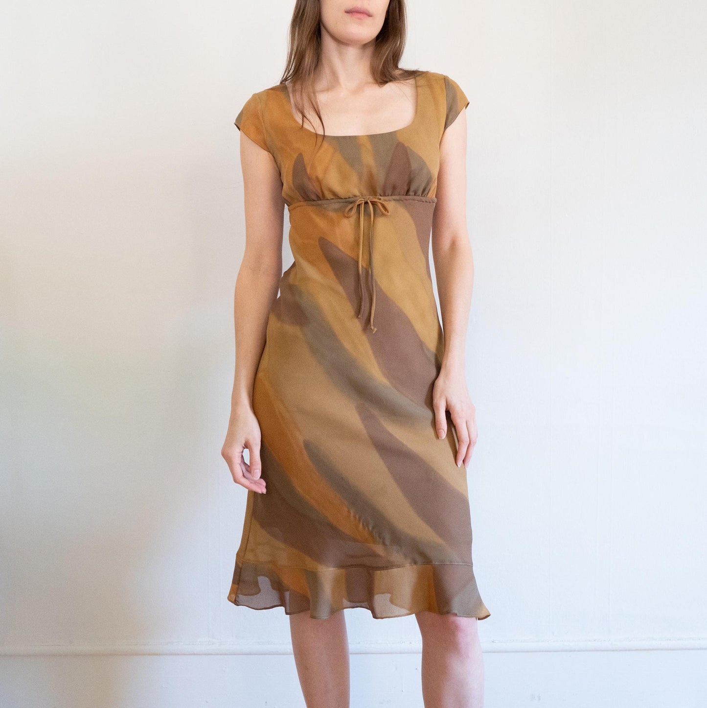 Vintage 90s Marbled Earth Tone Midi Dress - Small | Boho Cap Sleeve Abstract Print Party Dress