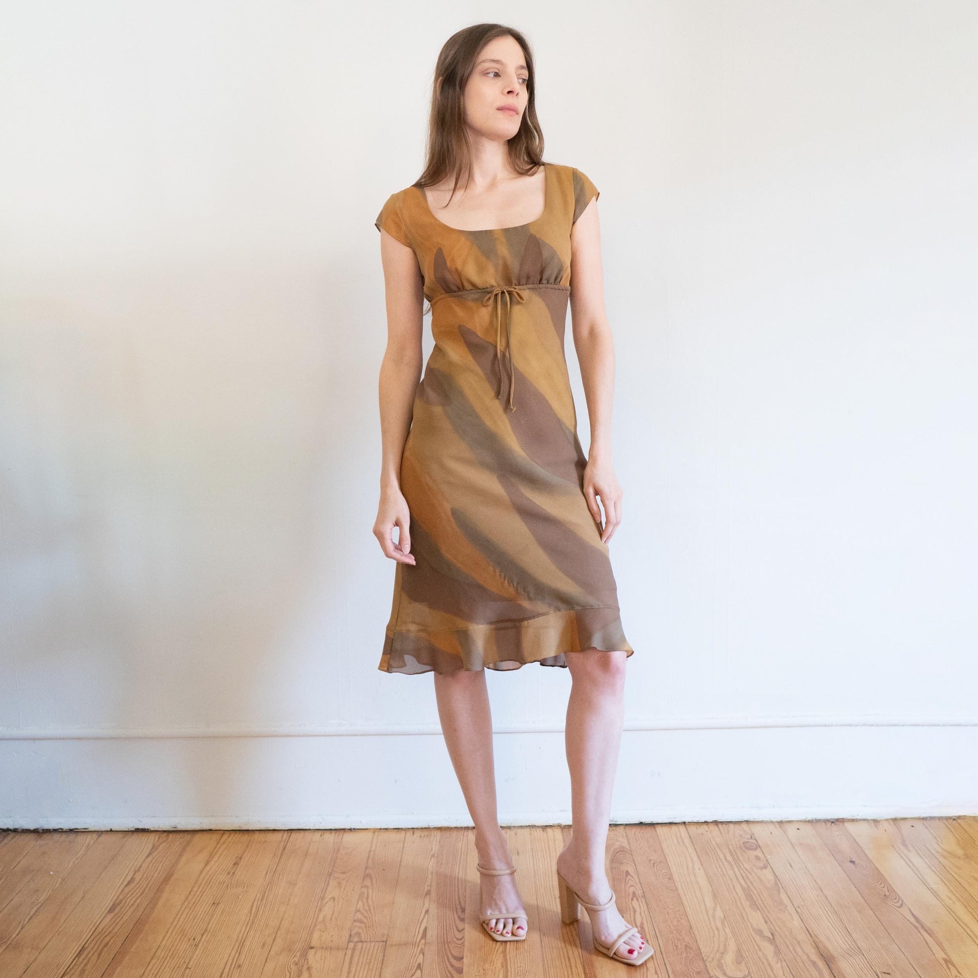 Vintage 90s Marbled Earth Tone Midi Dress - Small | Boho Cap Sleeve Abstract Print Party Dress