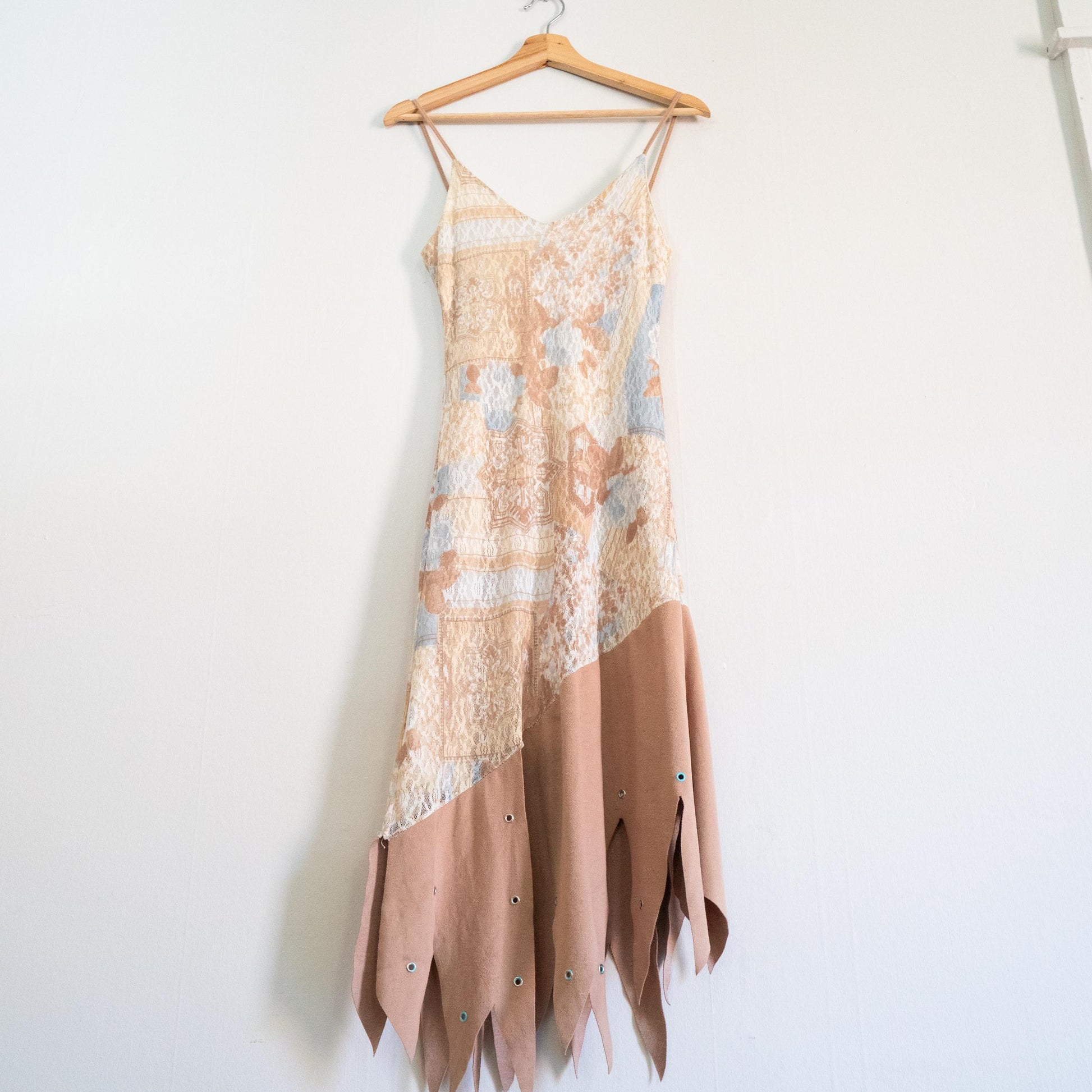 Vintage Y2K Floral Mesh Hanky Hem Fairy Dress - Small | Boho Lace & Faux Suede Midi Party Dress