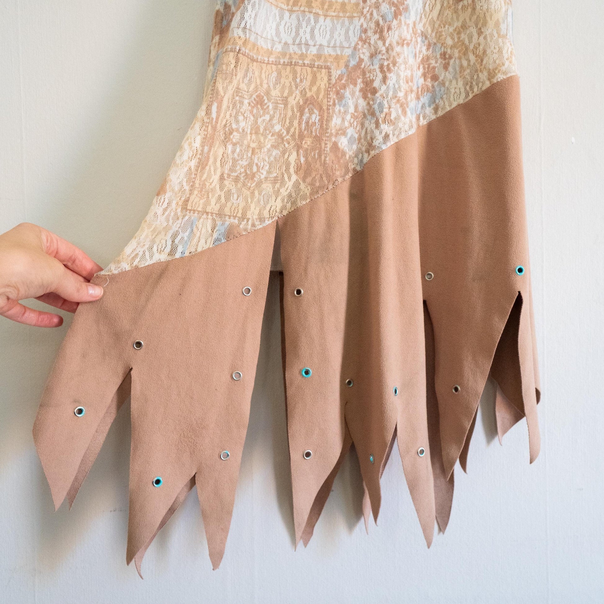 Vintage Y2K Floral Mesh Hanky Hem Fairy Dress - Small | Boho Lace & Faux Suede Midi Party Dress