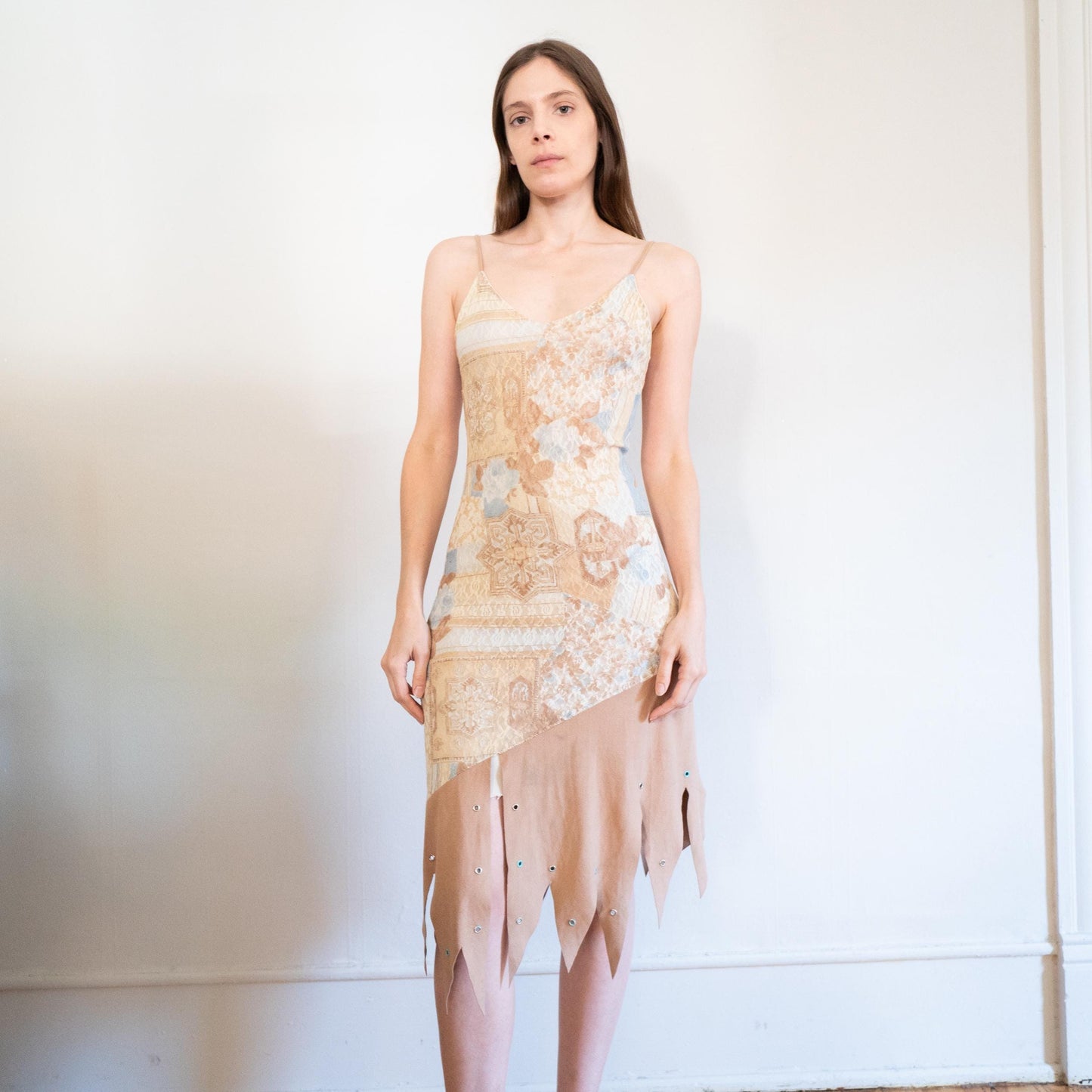 Vintage Y2K Floral Mesh Hanky Hem Fairy Dress - Small | Boho Lace & Faux Suede Midi Party Dress