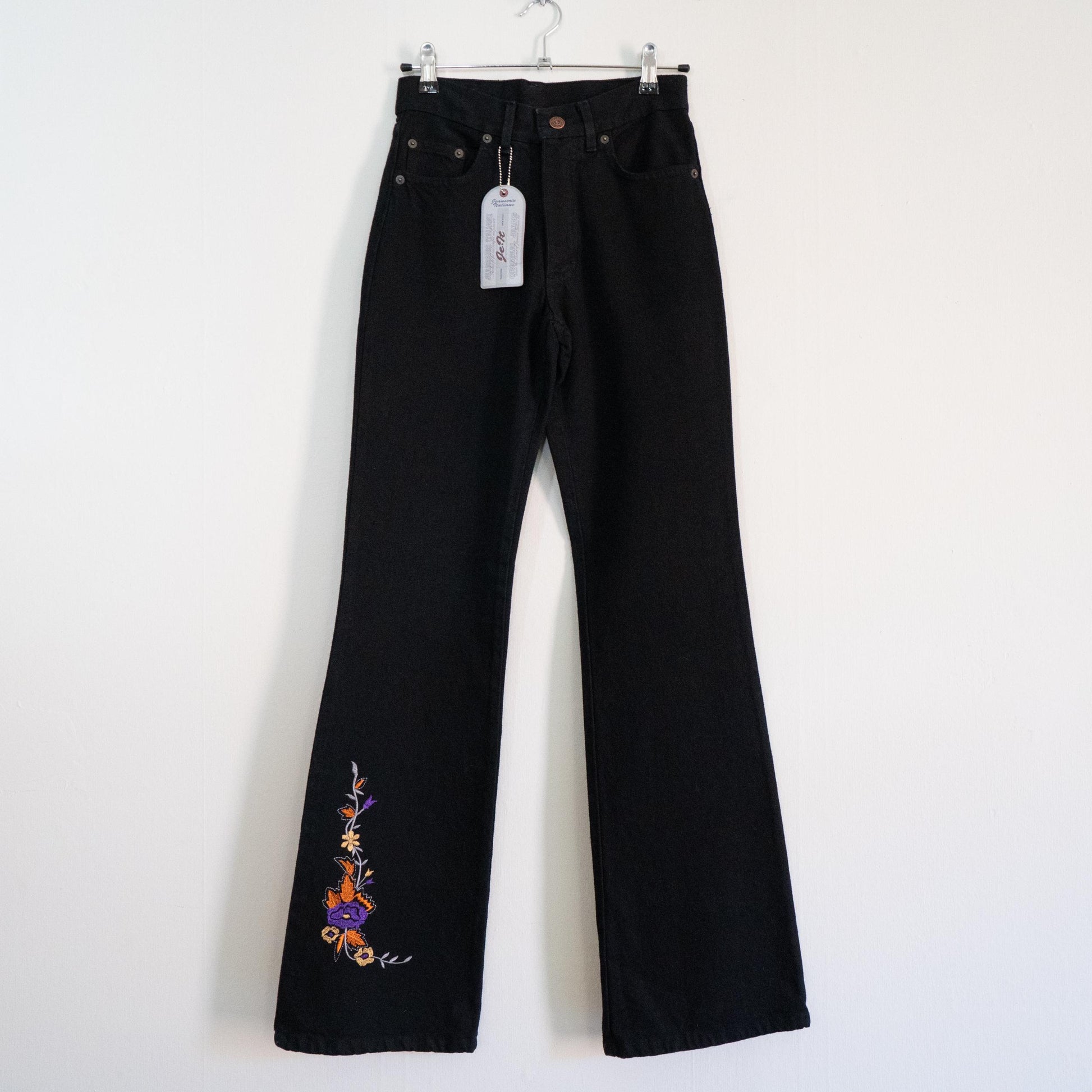 Vintage Y2K Black Floral Embroidered Flare Jeans - Extra Small | Boho High Waisted Denim