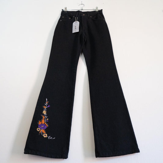 Vintage Y2K Black Floral Embroidered Flare Jeans - Extra Small | Boho High Waisted Denim