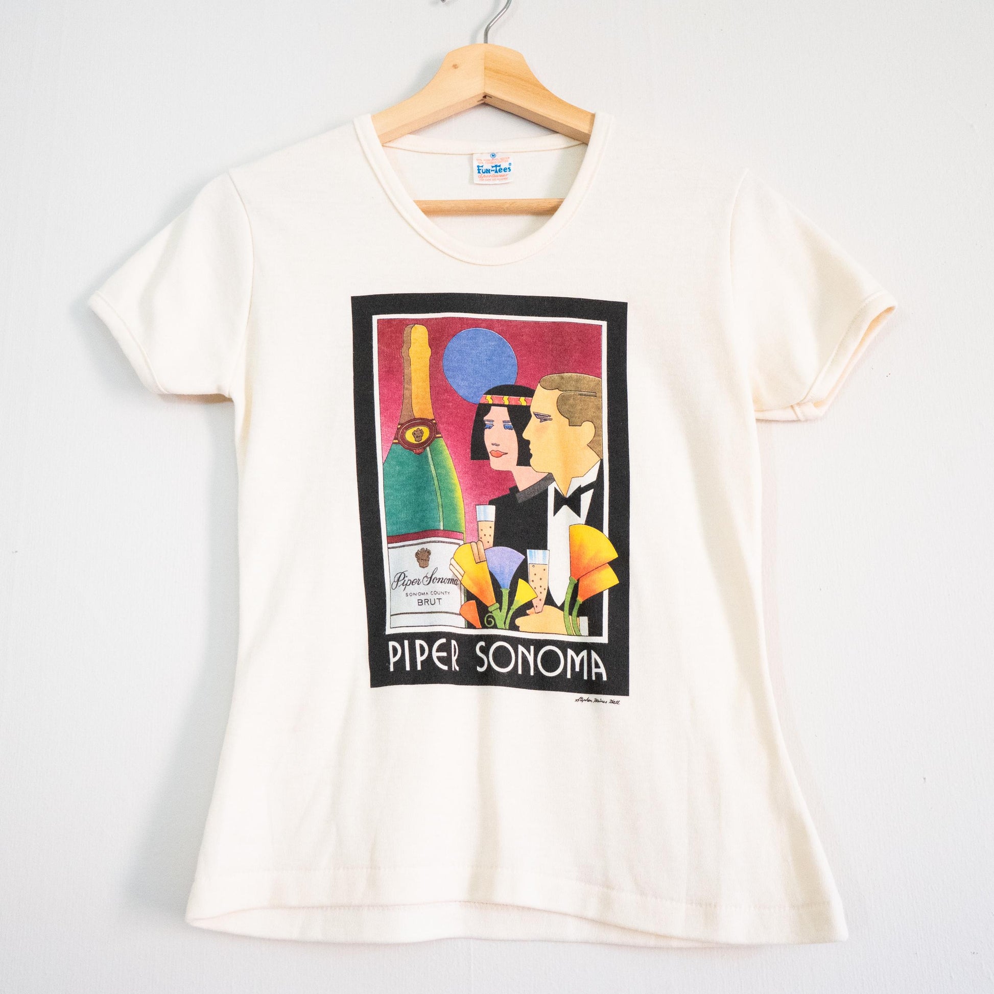 Vintage 70s 80s Piper Sonoma Brut Champagne T Shirt - Small to Medium | Retro Art Print Wine Graphic Tee