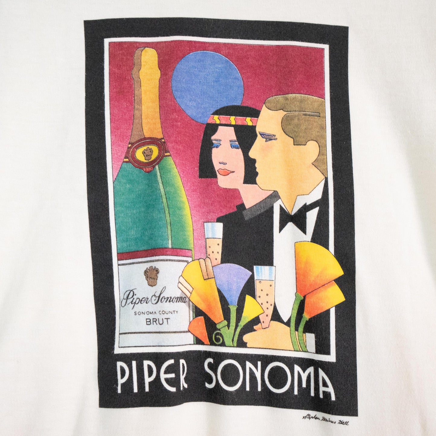 Vintage 70s 80s Piper Sonoma Brut Champagne T Shirt - Small to Medium | Retro Art Print Wine Graphic Tee