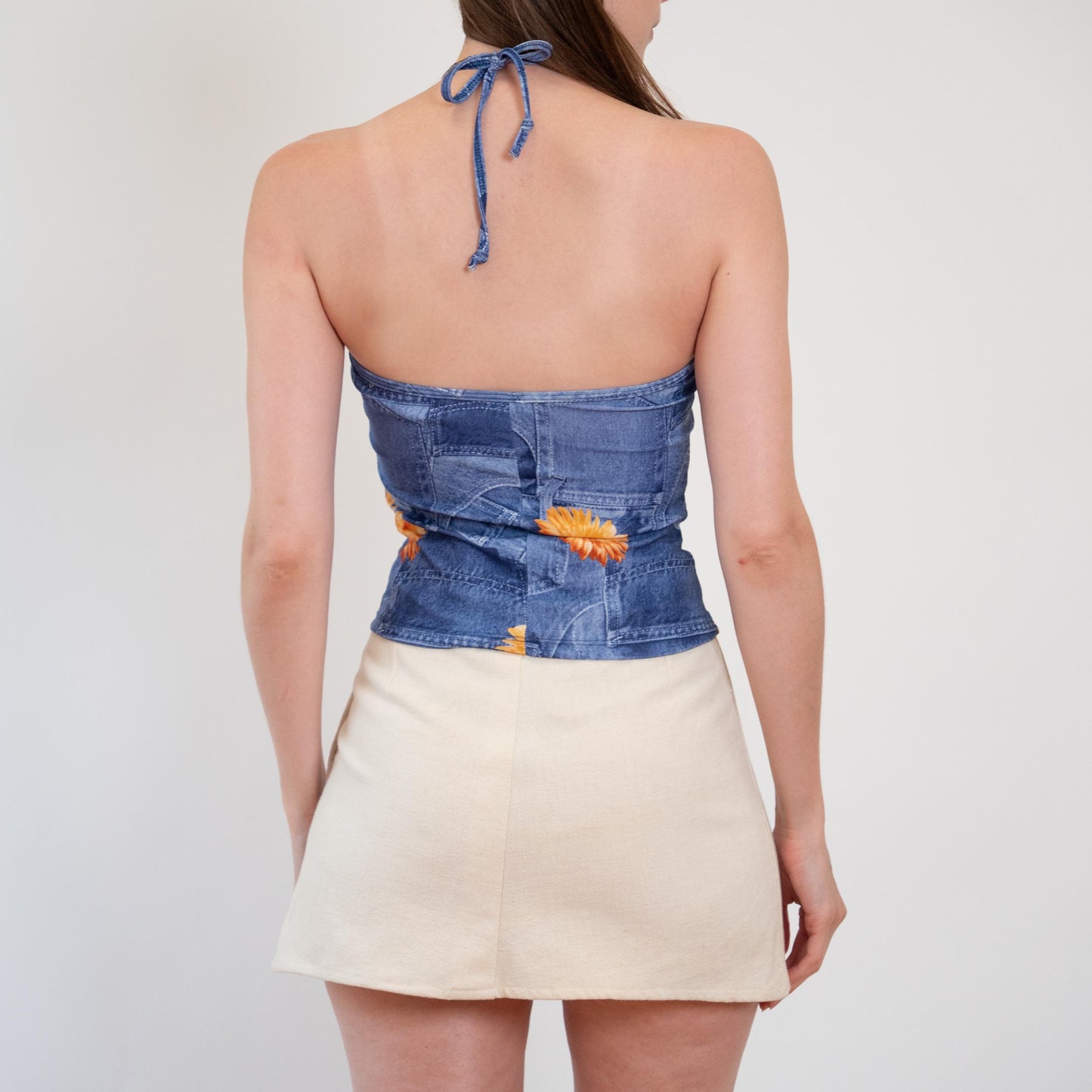 Vintage 90s Denim-Look Photo Print Halter Top - Small | Boho Floral Blue Jean Crop Top