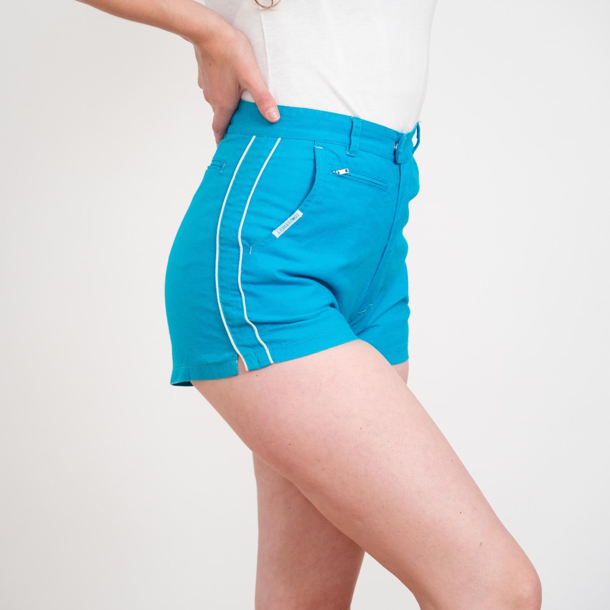 Vintage 70s Bright Blue Racing Stripe Shorts - Small, 27" Waist | High Waisted Cheeky Hot Pants