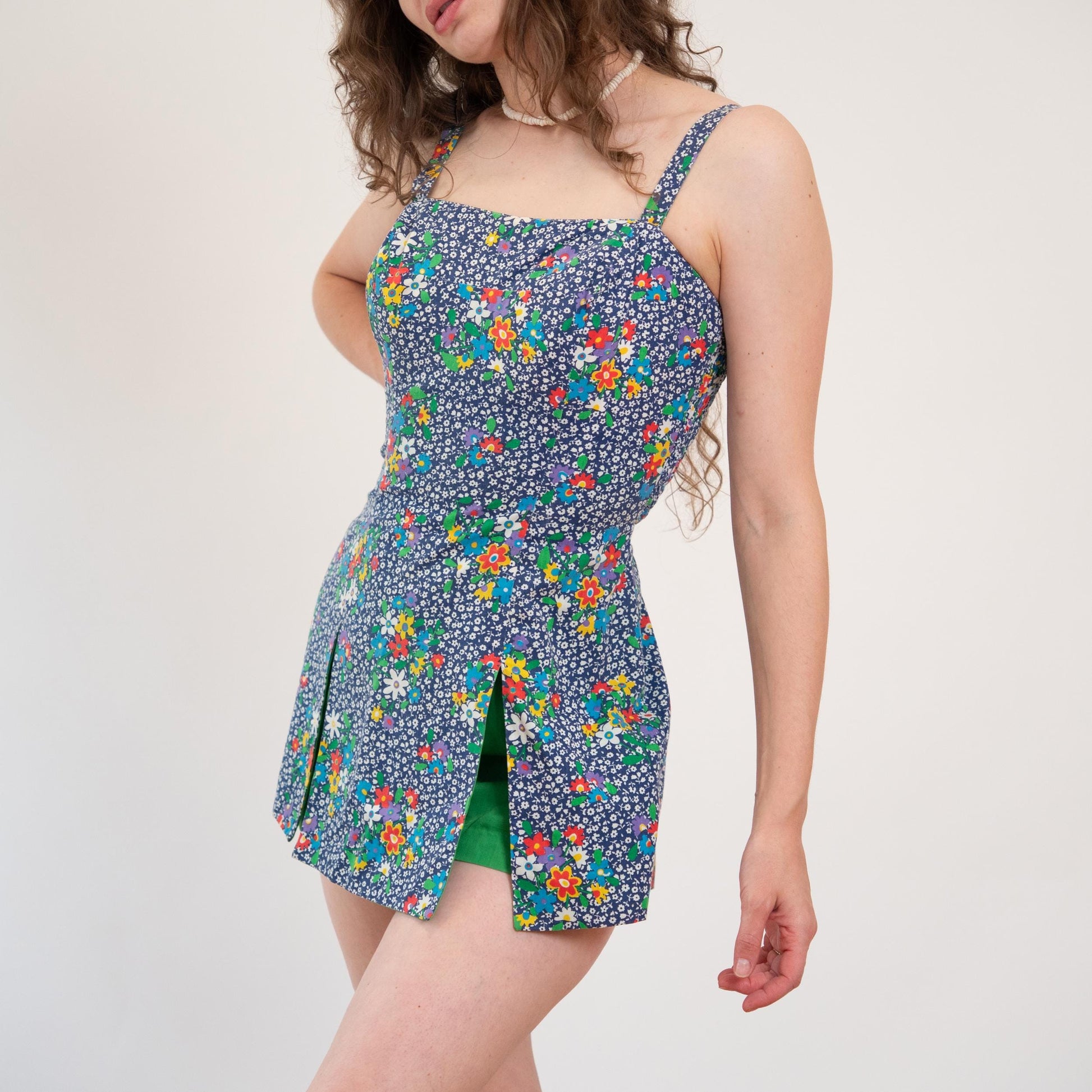 Vintage 60s 70s Blue Floral Romper Playsuit - Medium | Retro Pinup Swimsuit Sunsuit