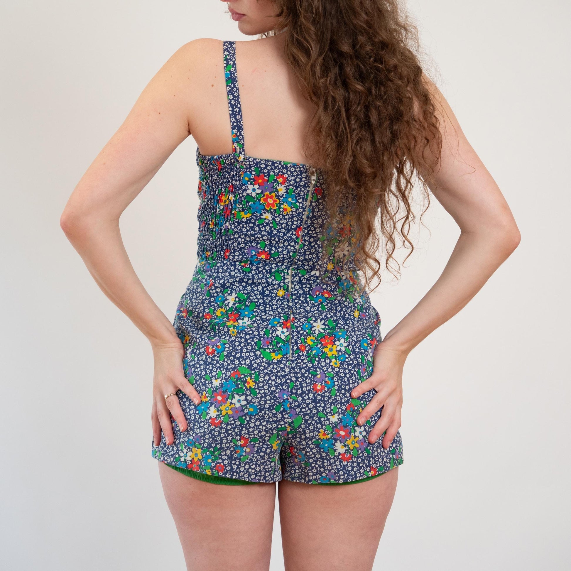 Vintage 60s 70s Blue Floral Romper Playsuit - Medium | Retro Pinup Swimsuit Sunsuit