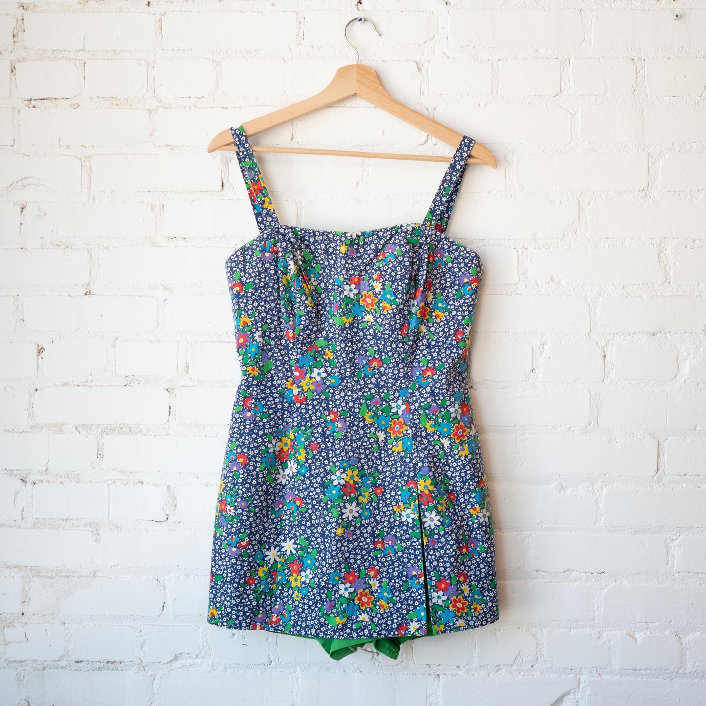 Vintage 60s 70s Blue Floral Romper Playsuit - Medium | Retro Pinup Swimsuit Sunsuit