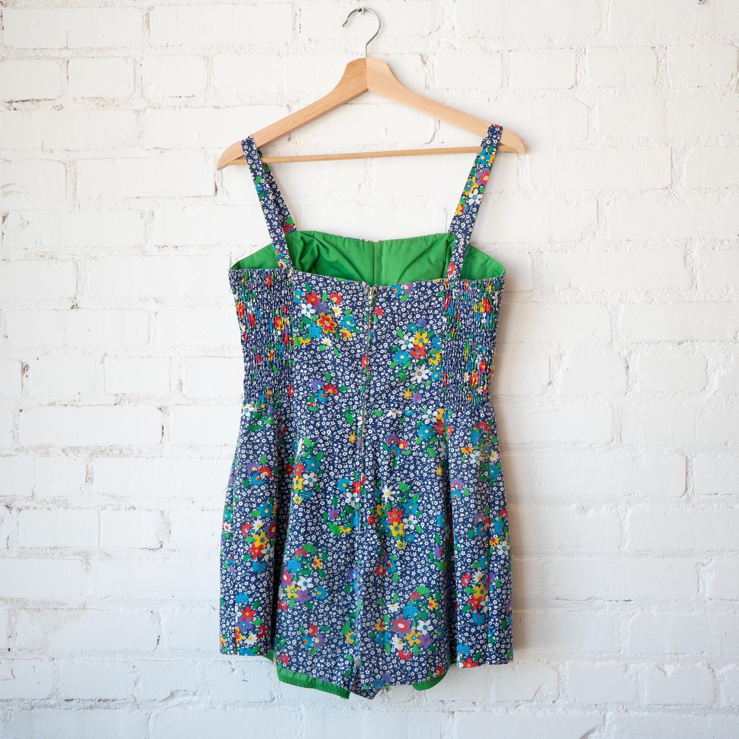 Vintage 60s 70s Blue Floral Romper Playsuit - Medium | Retro Pinup Swimsuit Sunsuit