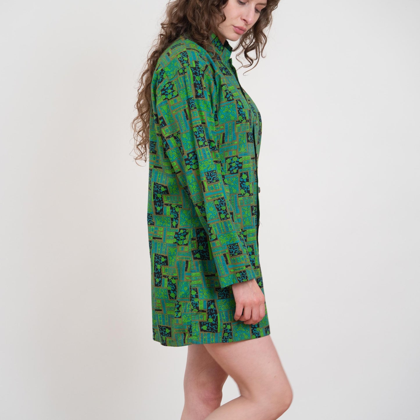 Vintage 60s Green Batik Floral Tunic Top - Men's Medium, Women's Large | Nehru Collar Long Sleeve Shirt