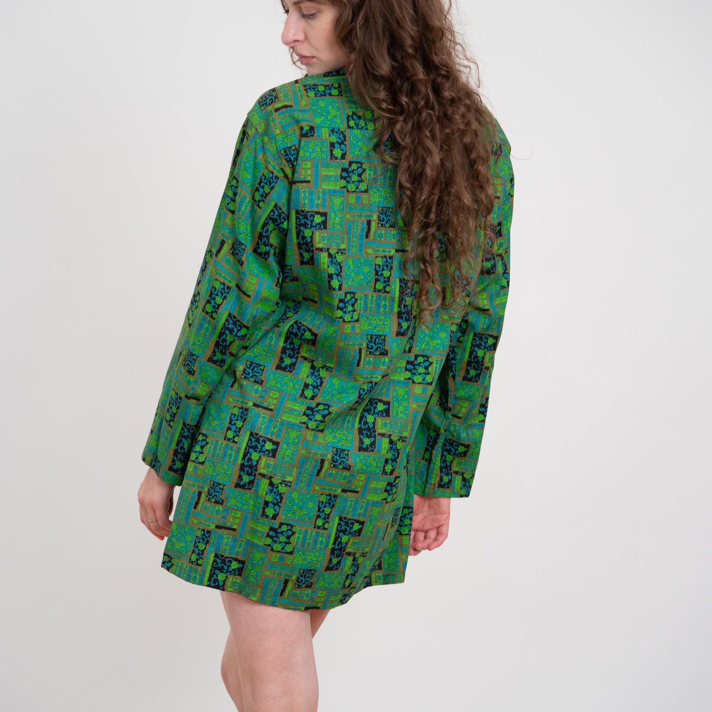 Vintage 60s Green Batik Floral Tunic Top - Men's Medium, Women's Large | Nehru Collar Long Sleeve Shirt