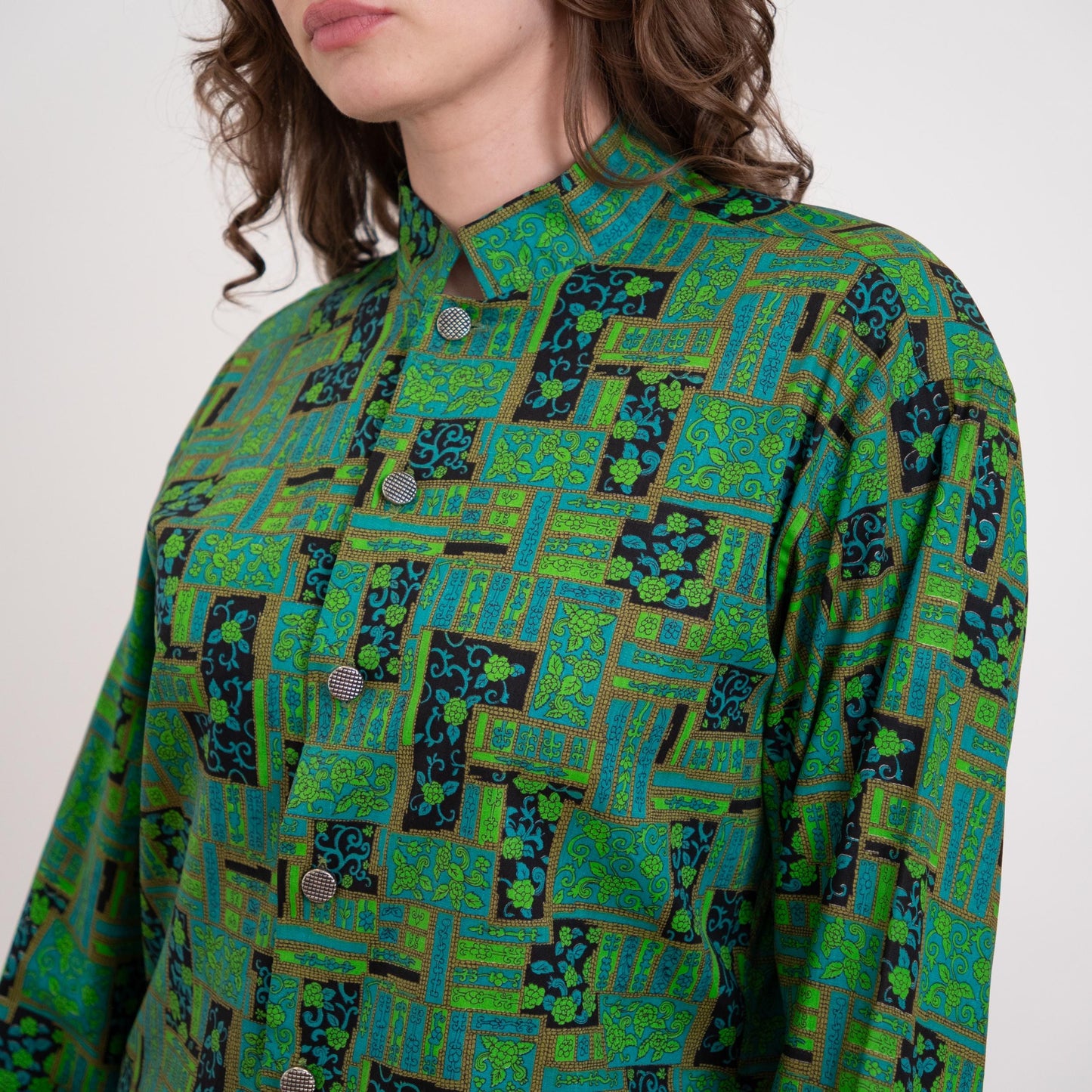 Vintage 60s Green Batik Floral Tunic Top - Men's Medium, Women's Large | Nehru Collar Long Sleeve Shirt