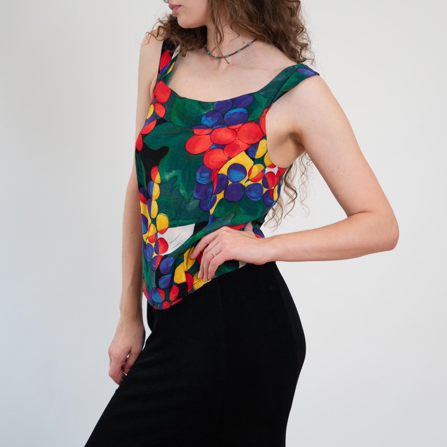 Vintage 90s Abstract Fruit Print Cross Back Top - Medium | Boho Red Green Button Back Tank