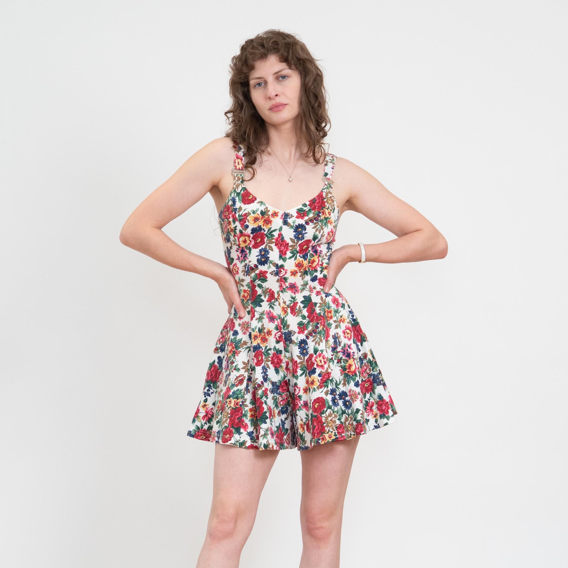 Vintage 90s Floral Fit & Flare Romper - Small | White Red Adjustable Strap Boho Summer Playsuit