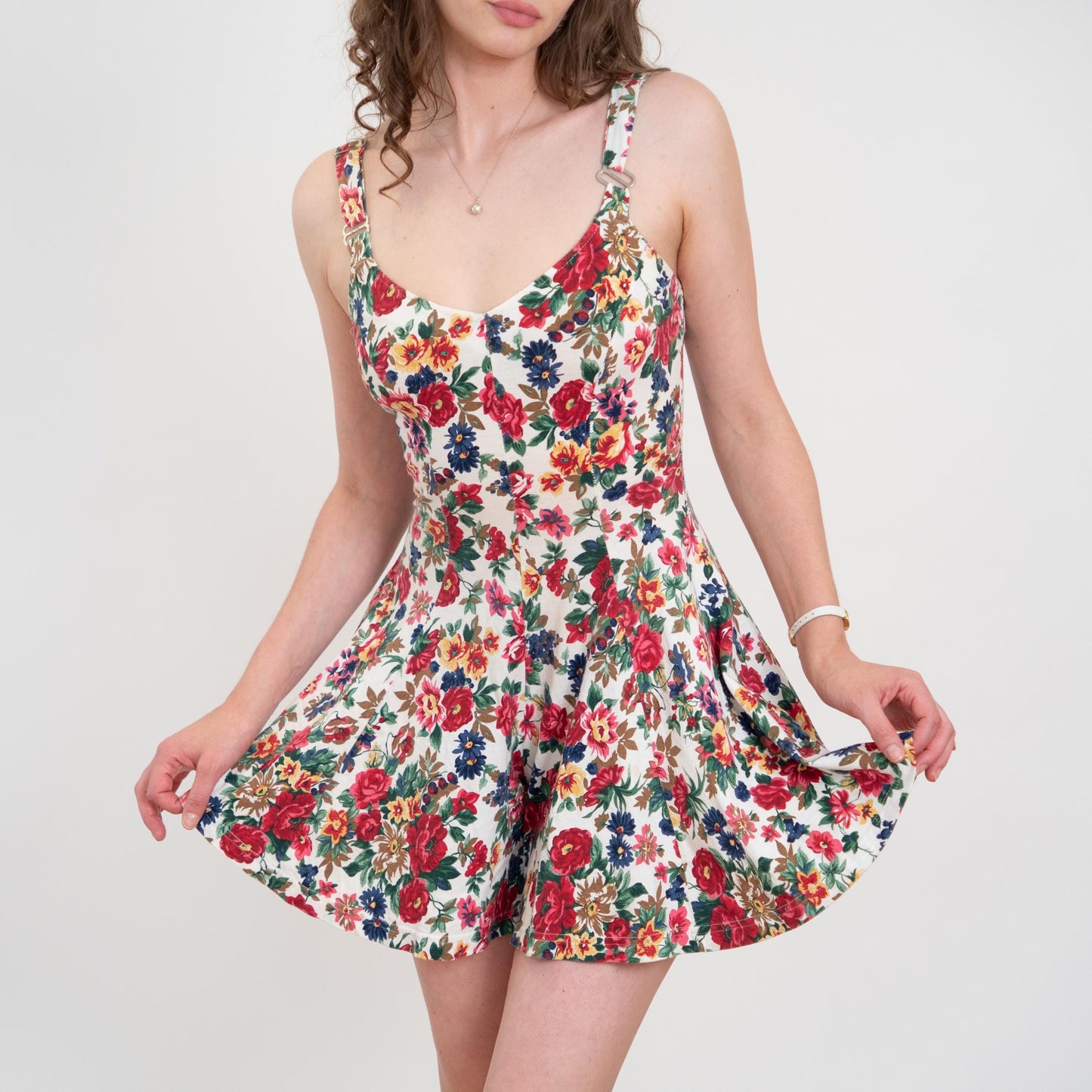 Vintage 90s Floral Fit & Flare Romper - Small | White Red Adjustable Strap Boho Summer Playsuit