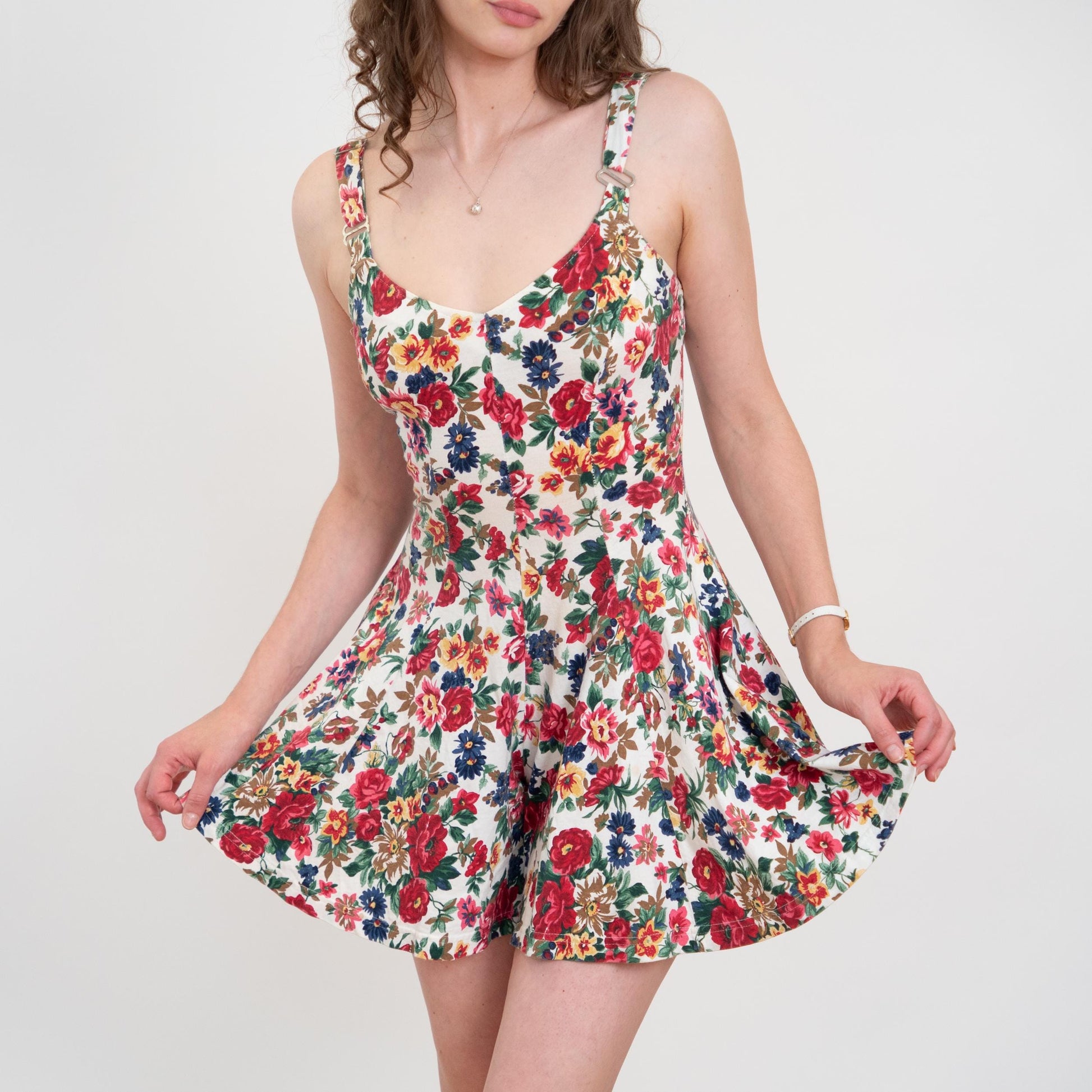 Vintage 90s Floral Fit & Flare Romper - Small | White Red Adjustable Strap Boho Summer Playsuit