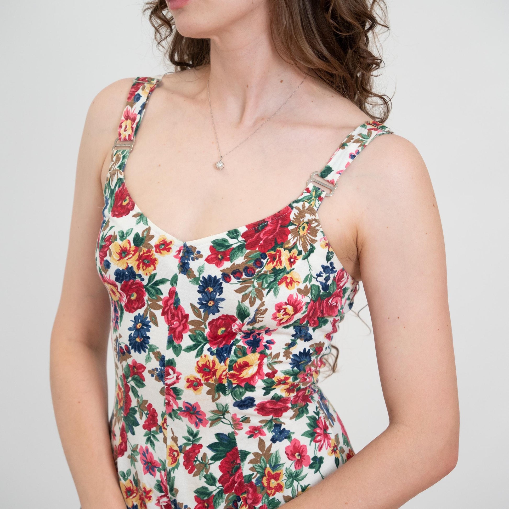 Vintage 90s Floral Fit & Flare Romper - Small | White Red Adjustable Strap Boho Summer Playsuit