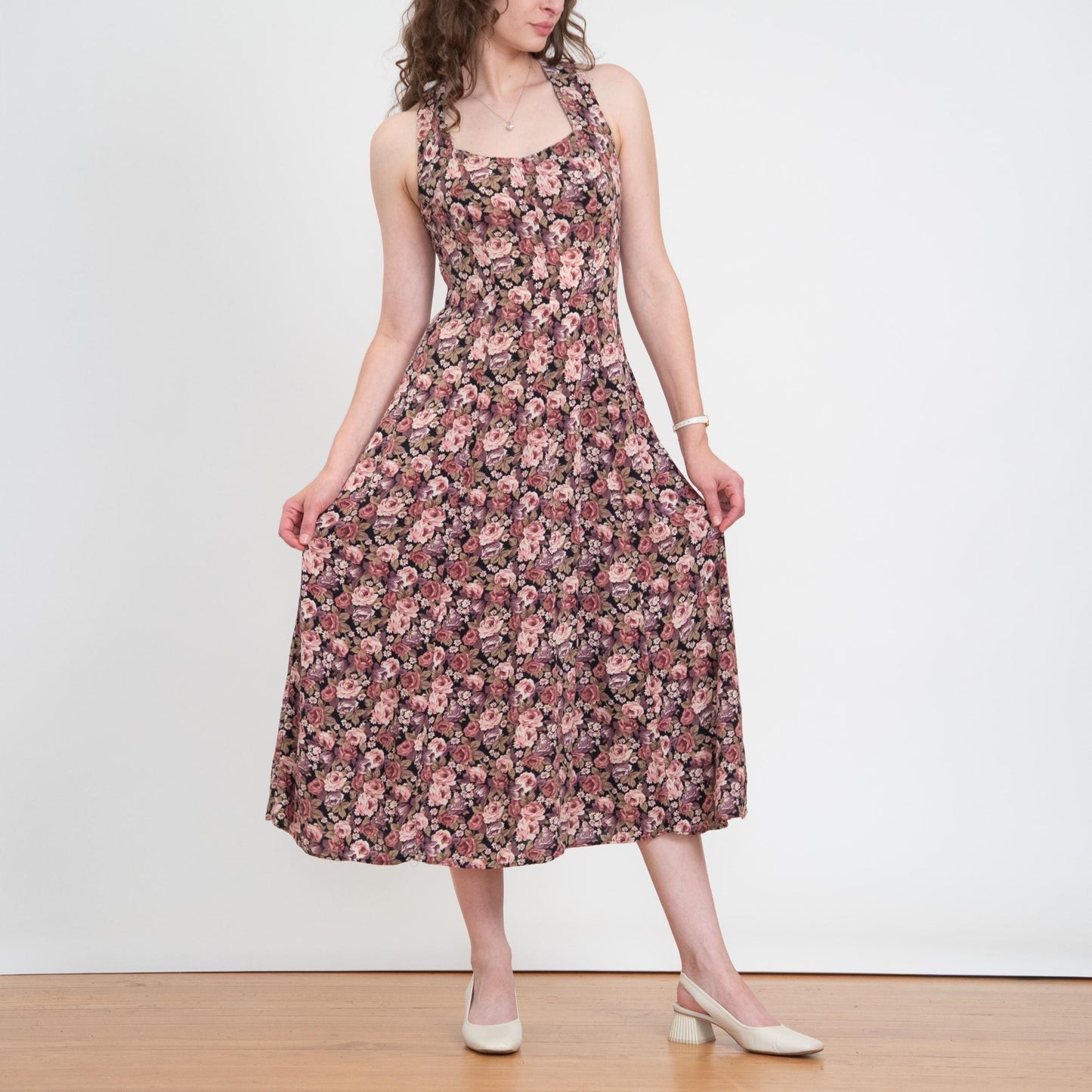 Vintage 90s Dusty Pink Floral Cross Back Sundress - Small | Boho Sweetheart Neck Midi Dress