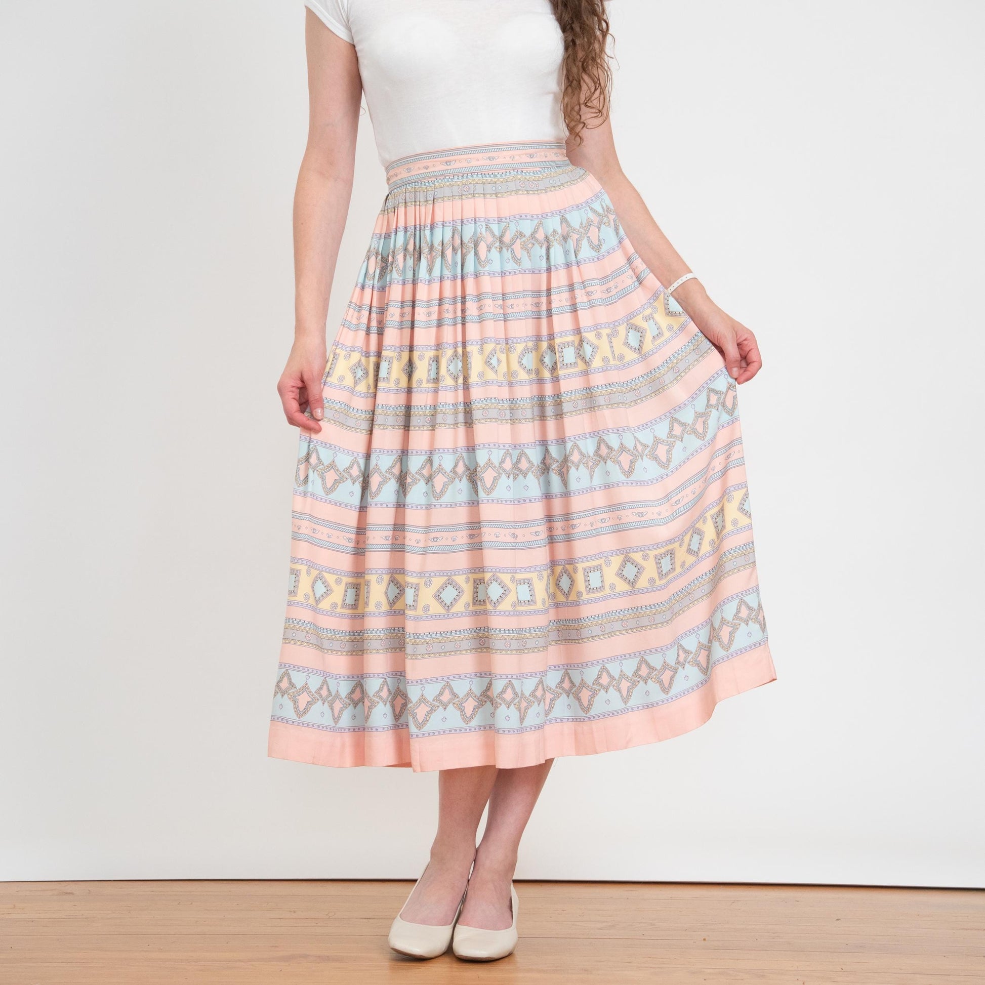 Vintage 80s Pastel Geometric Striped Midi Skirt - Medium | Pink & Blue High Waisted Pleated Skirt
