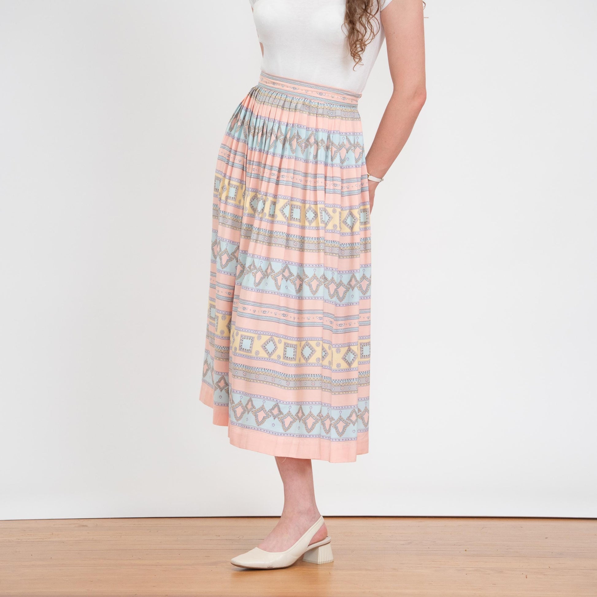 Vintage 80s Pastel Geometric Striped Midi Skirt - Medium | Pink & Blue High Waisted Pleated Skirt