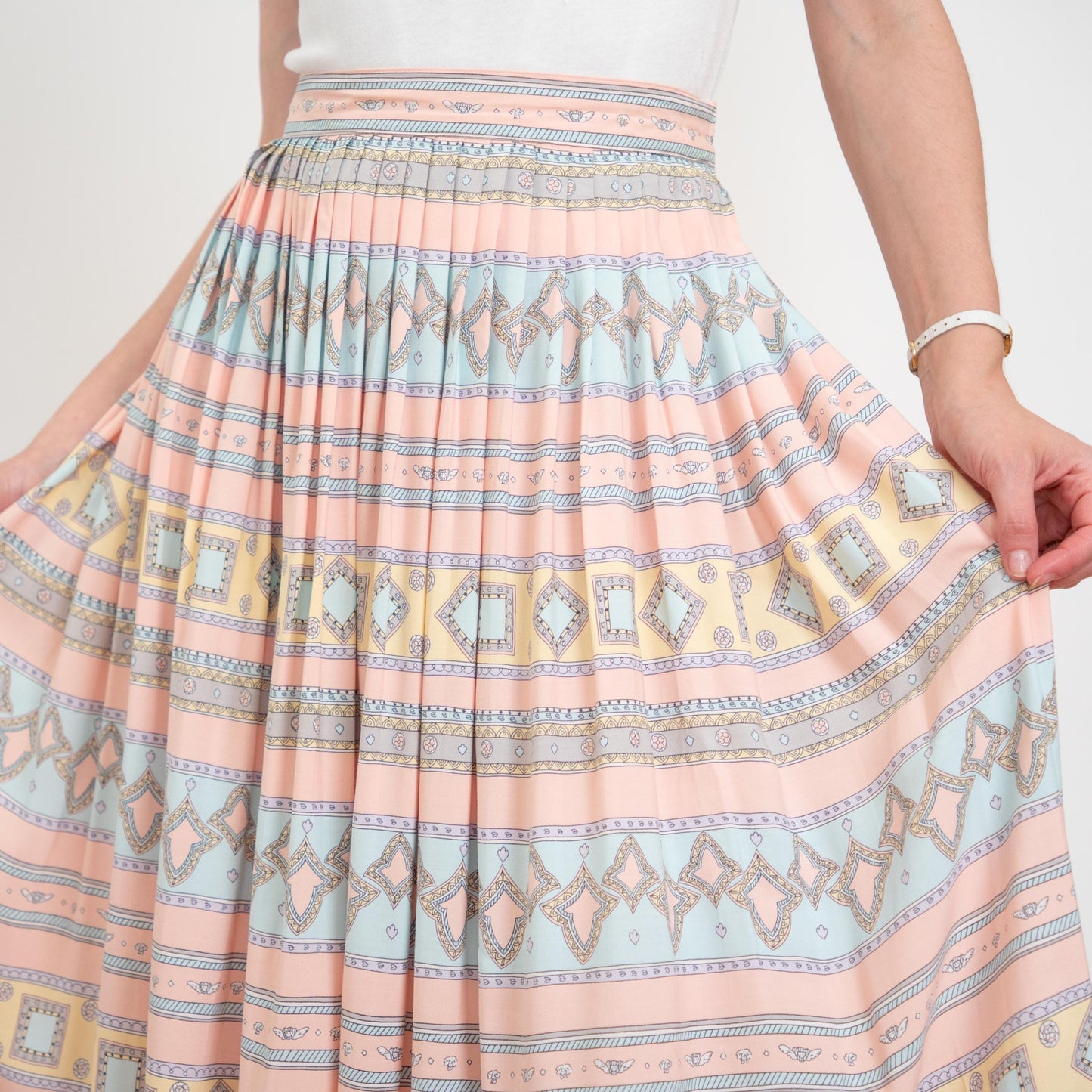 Vintage 80s Pastel Geometric Striped Midi Skirt - Medium | Pink & Blue High Waisted Pleated Skirt