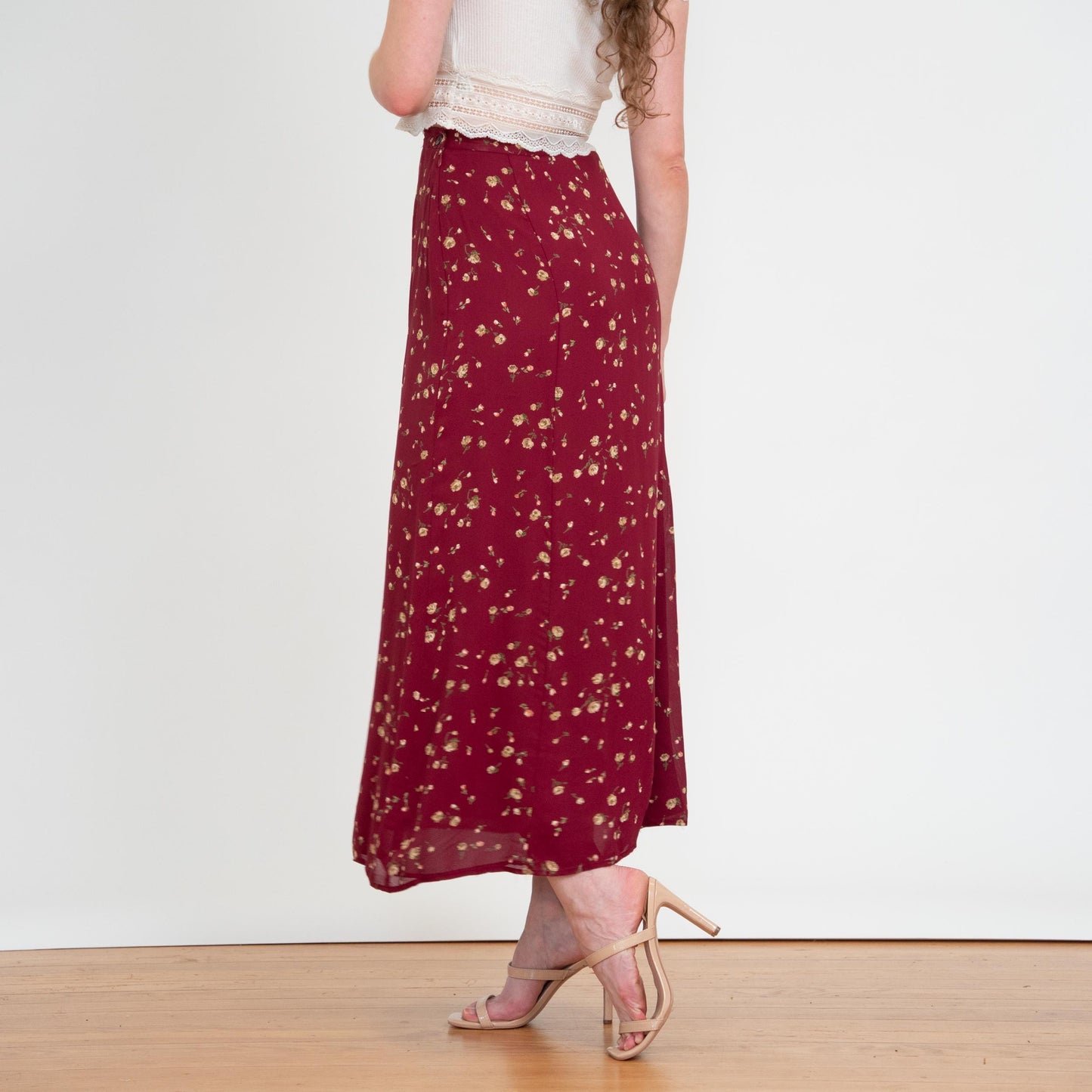 Vintage 90s Laura Ashley Wine Red Floral Maxi Skirt - Small, 26" Waist | High Waisted Boho A Line Slip Skirt