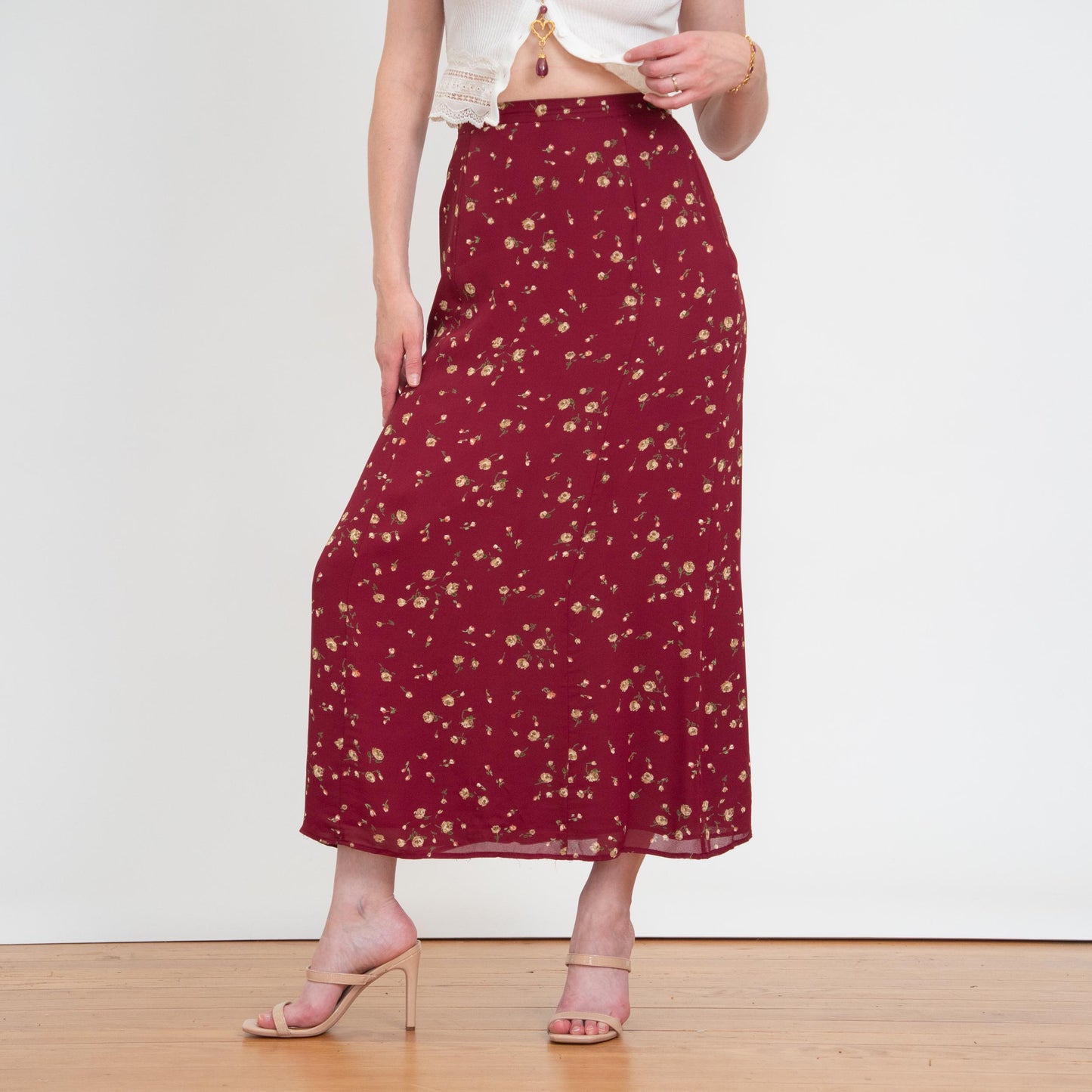 Vintage 90s Laura Ashley Wine Red Floral Maxi Skirt - Small, 26" Waist | High Waisted Boho A Line Slip Skirt