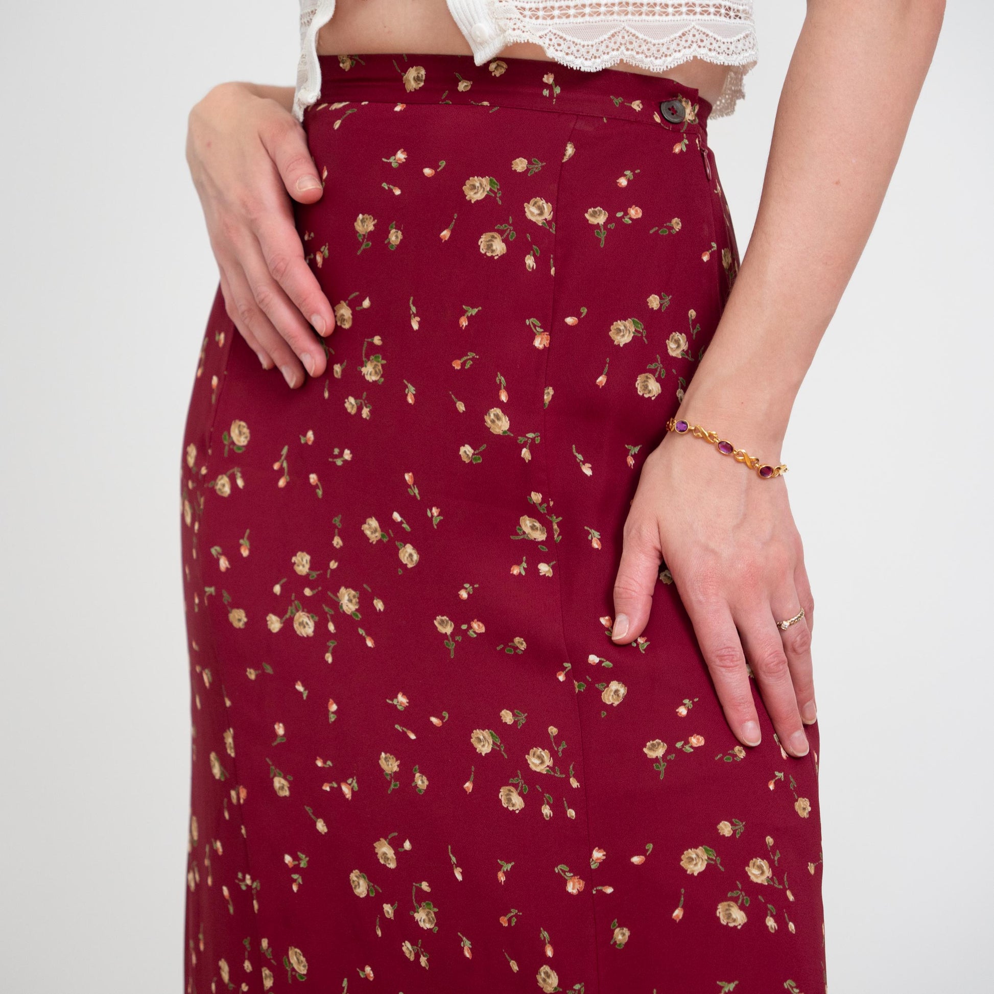 Vintage 90s Laura Ashley Wine Red Floral Maxi Skirt - Small, 26" Waist | High Waisted Boho A Line Slip Skirt