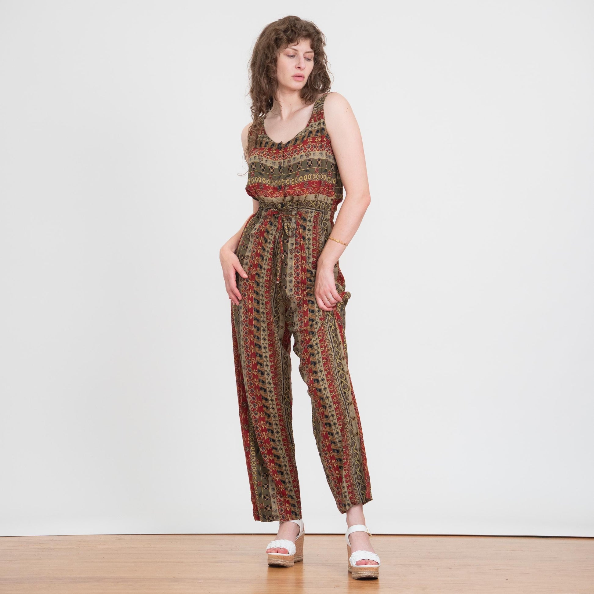 Vintage 90s Earth Tone Floral Striped Jumpsuit - Medium | Boho Sleeveless Rayon Loungewear Pantsuit