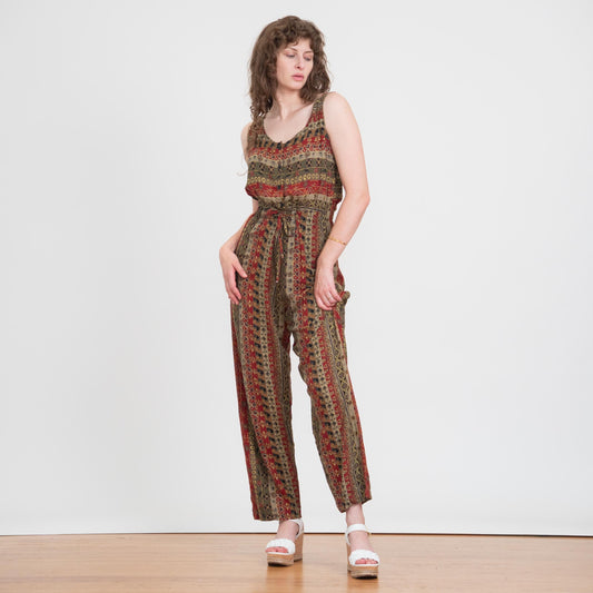 Vintage 90s Earth Tone Floral Striped Jumpsuit - Medium | Boho Sleeveless Rayon Loungewear Pantsuit
