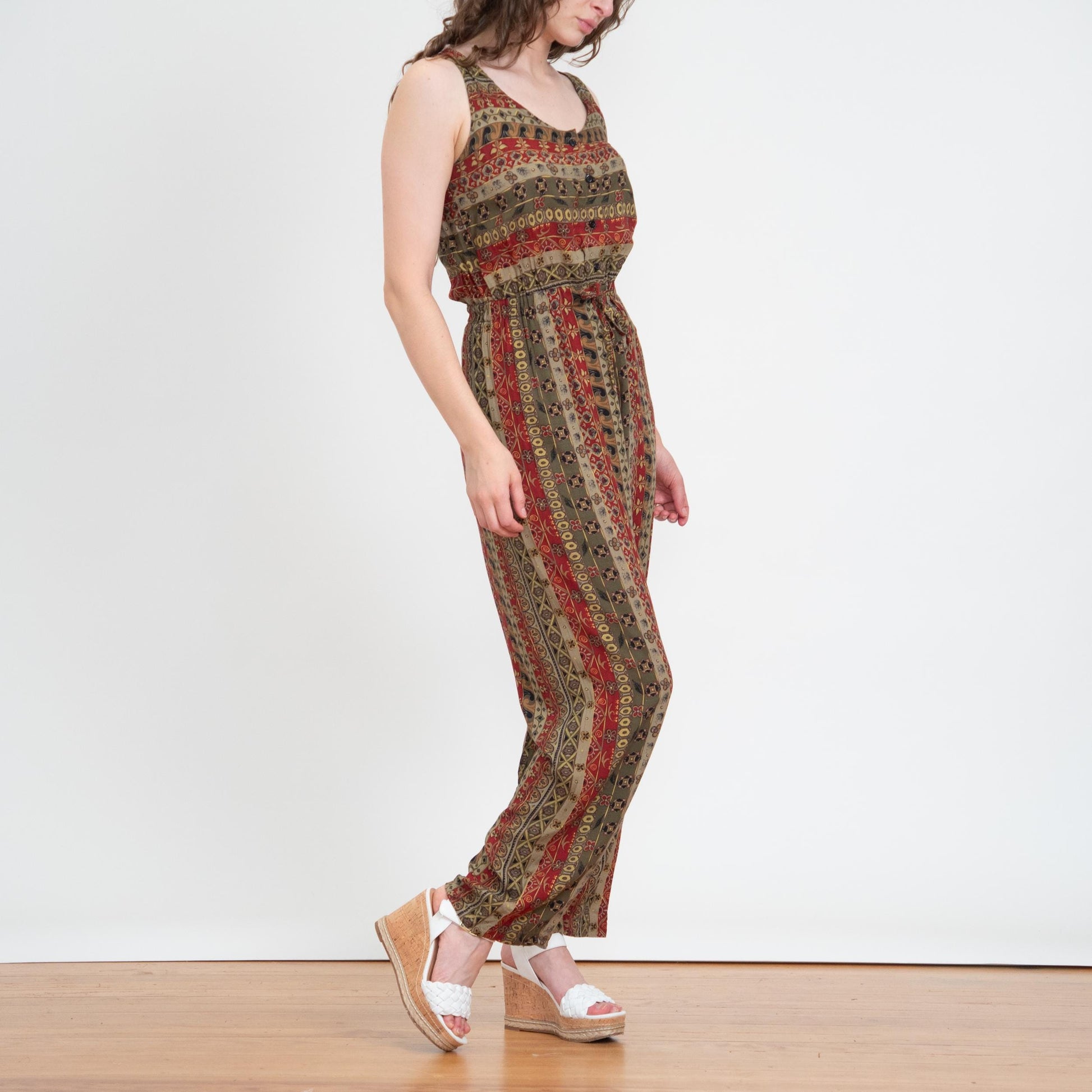 Vintage 90s Earth Tone Floral Striped Jumpsuit - Medium | Boho Sleeveless Rayon Loungewear Pantsuit