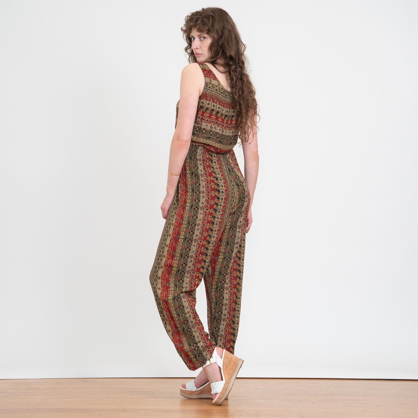 Vintage 90s Earth Tone Floral Striped Jumpsuit - Medium | Boho Sleeveless Rayon Loungewear Pantsuit