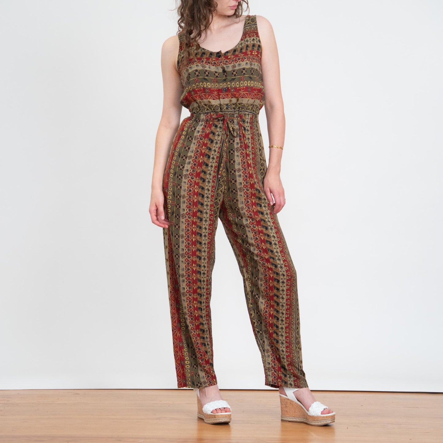 Vintage 90s Earth Tone Floral Striped Jumpsuit - Medium | Boho Sleeveless Rayon Loungewear Pantsuit